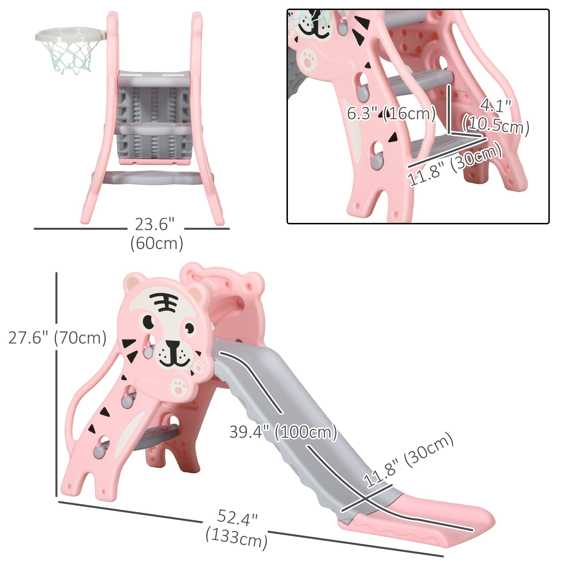 Qaba 2 in 1 Slide for Toddlers, Kids Slide Playset with Basketball Hoop for 18-36 Months, Pink 