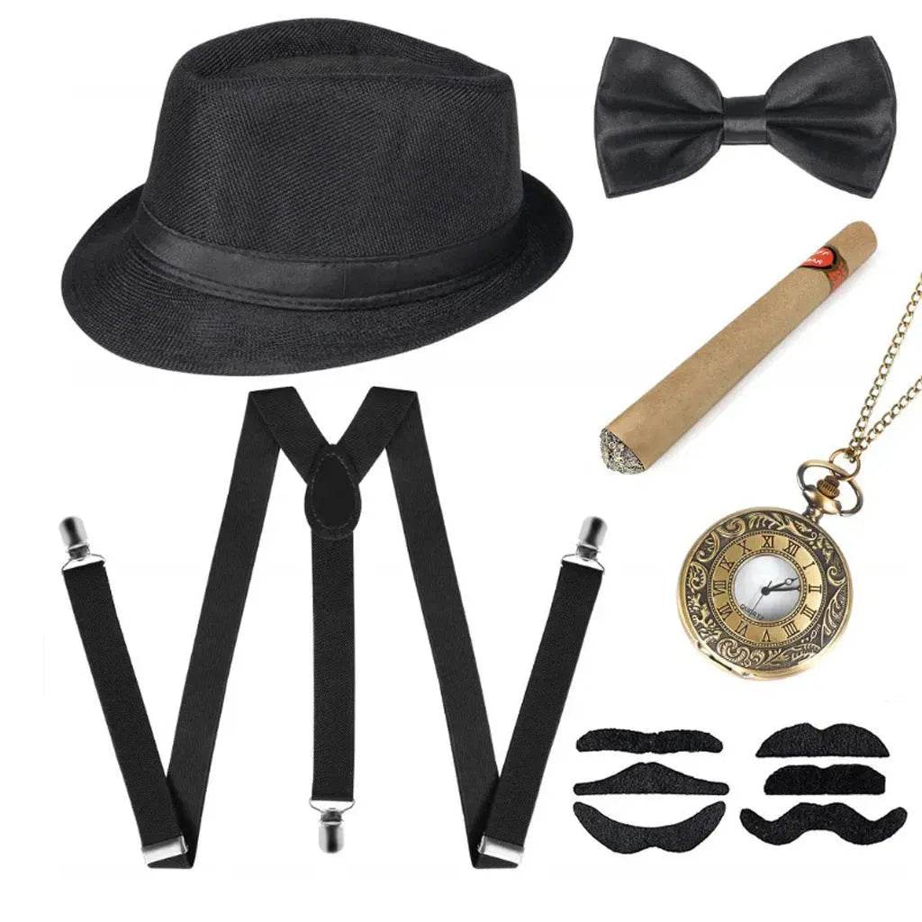 Party Men's Top Hat Pipe Pocket Watch Strap Tie Fake Cigar Set 