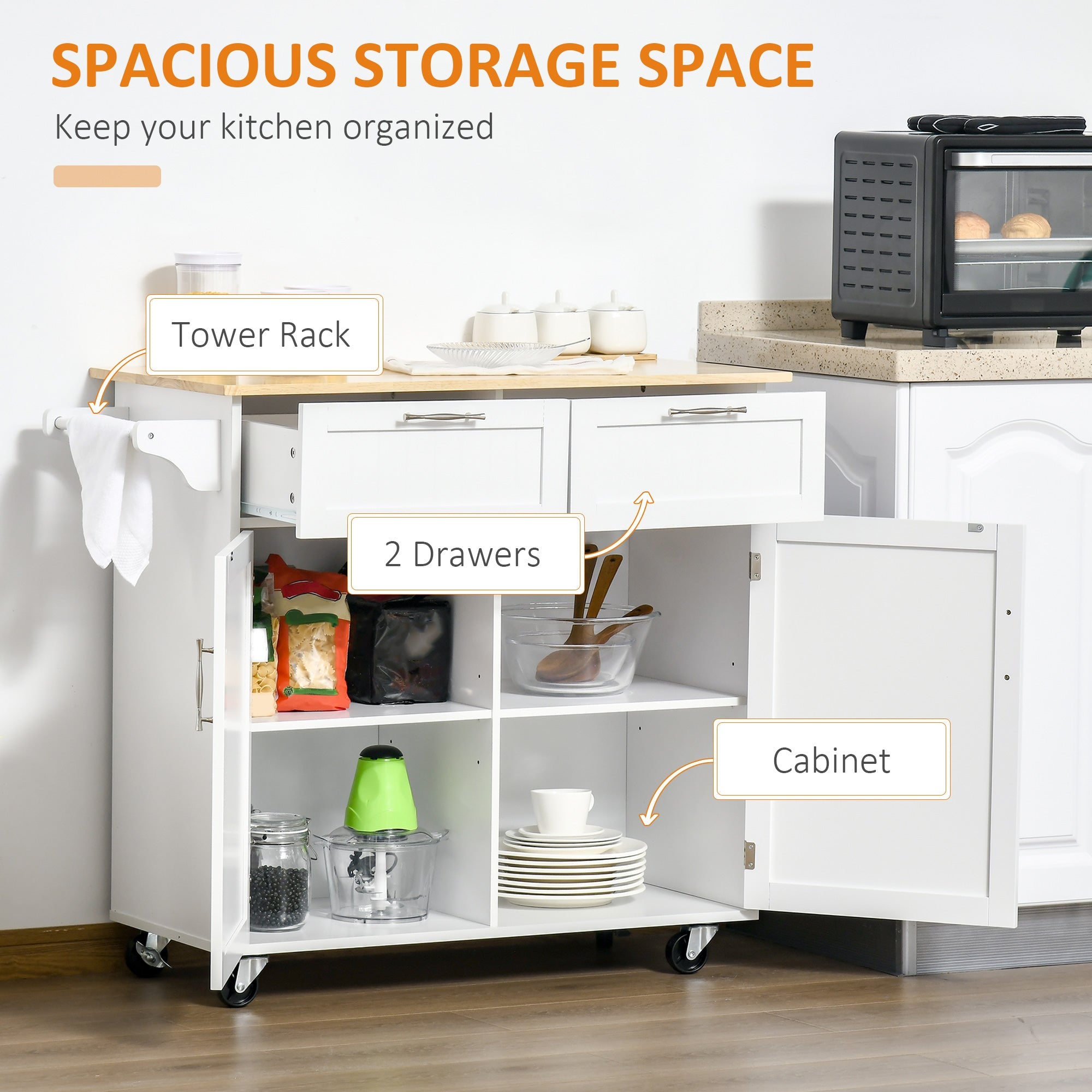 HOMCOM White Mobile Kitchen Island: Rubber Wood Top Cart with Storage Drawers, Cabinet & Towel Rack 