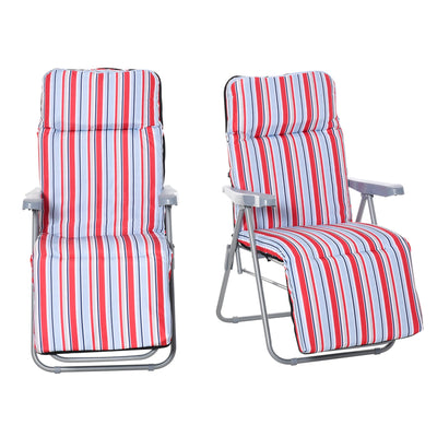 Outsunny Set of 2 Garden Sun Lounger, Outdoor Reclining Seat Cushioned Seat, Foldable Adjustable Recliner, Grey and Red 