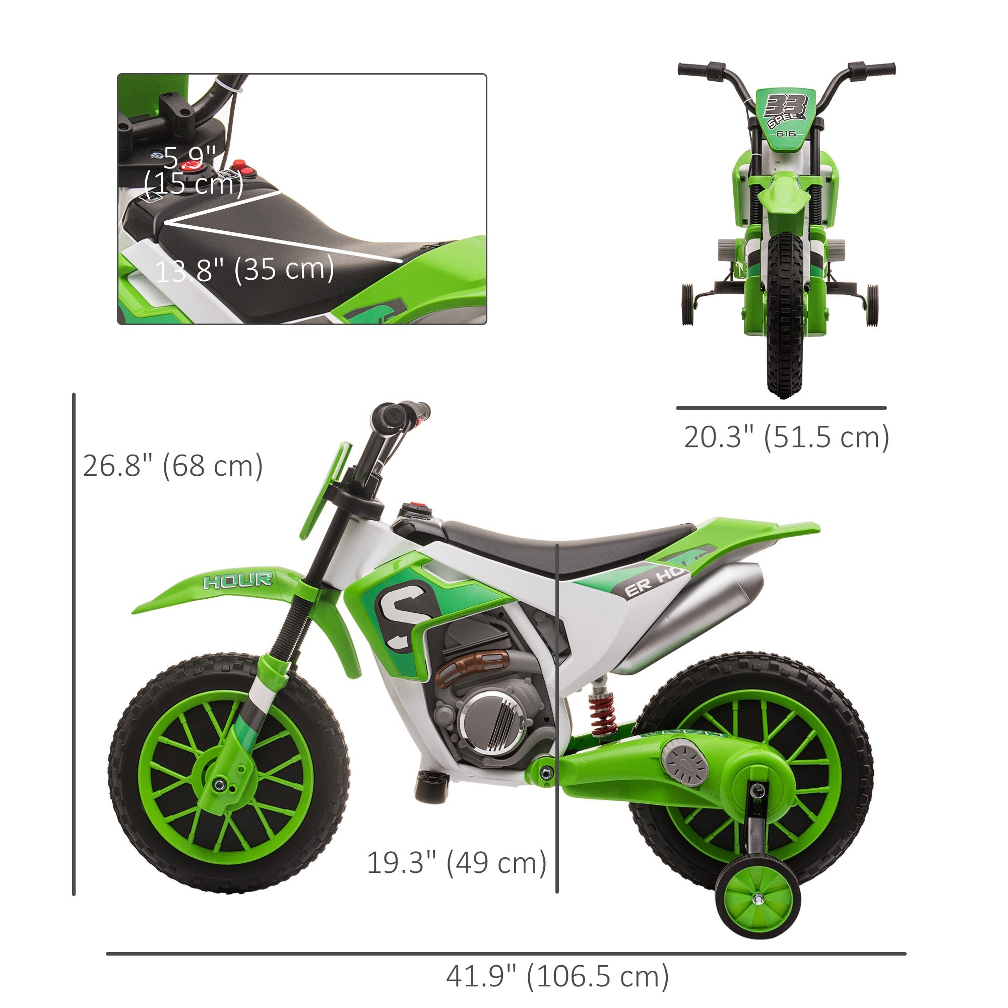 Aosom Kids Dirt Bike Battery-Powered Ride-On Electric Motorcycle with Charging 12V Battery, Training Wheels Green 
