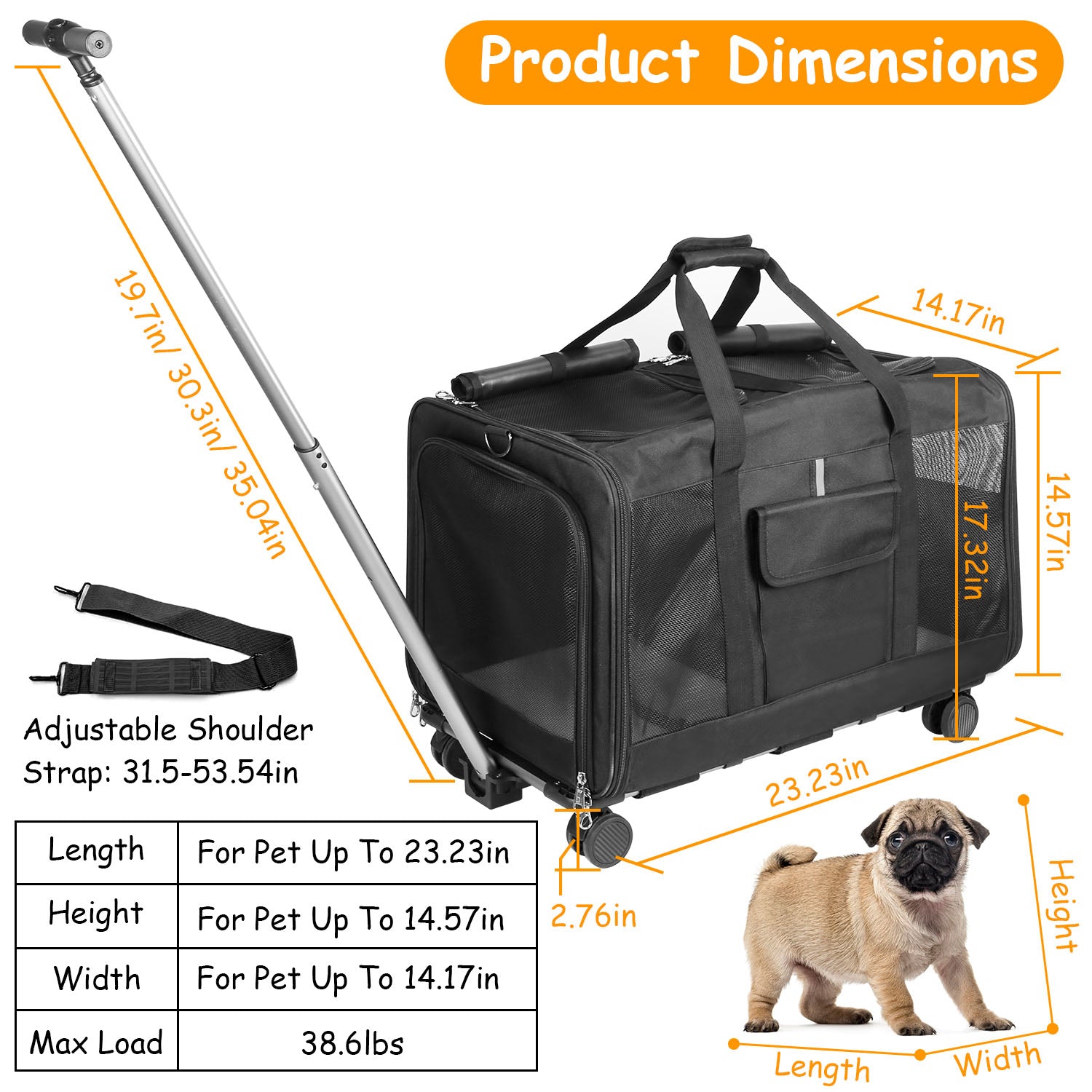 Double-Compartment Pet Rolling Carrier Cat Dog Rolling Carrier with Detachable Wheels Telescopic Handle Adjustable Shoulder Strap 