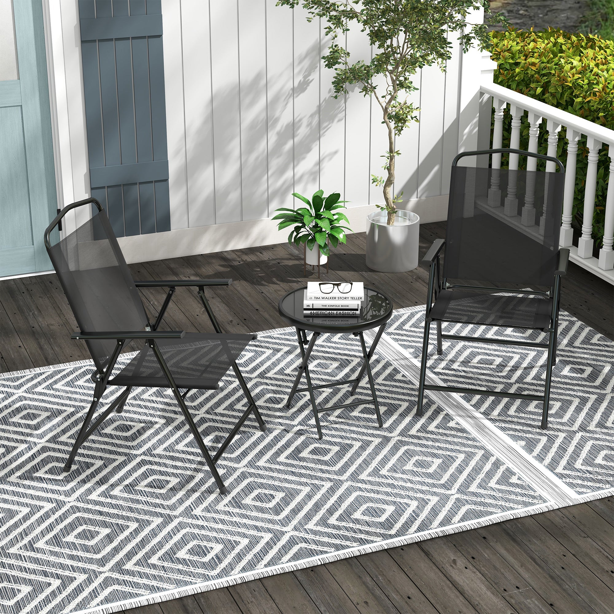 Outsunny 3 Pieces Bistro Set, Foldable Patio Furniture Set with Mesh Chairs, Glass Table for Garden, Balcony, Black 