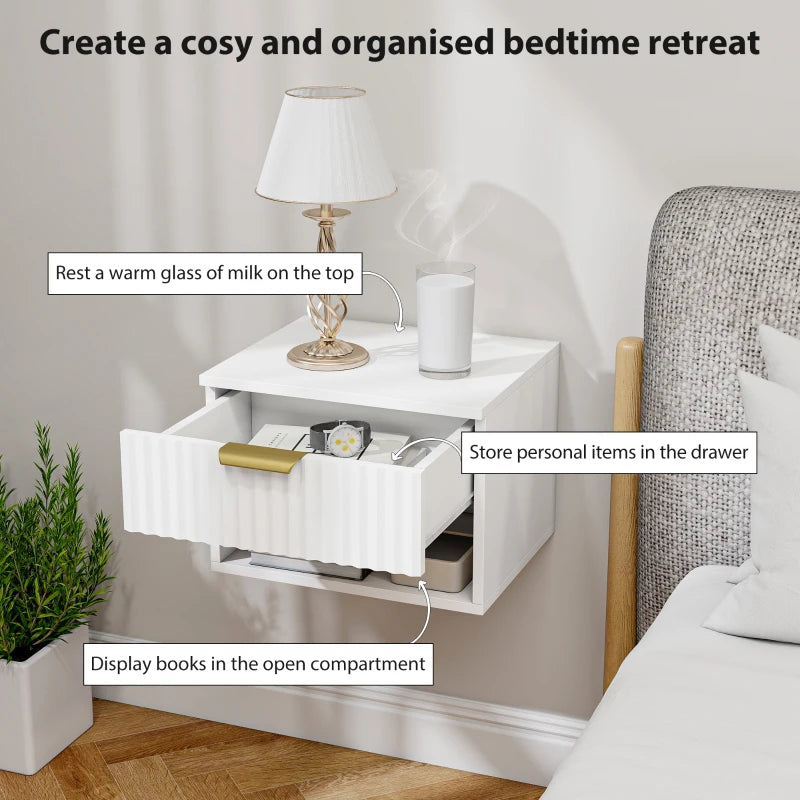 Floating Nightstands, Wall Mounted Bedside Tables Set of 2 with Drawer and Open Shelf, White