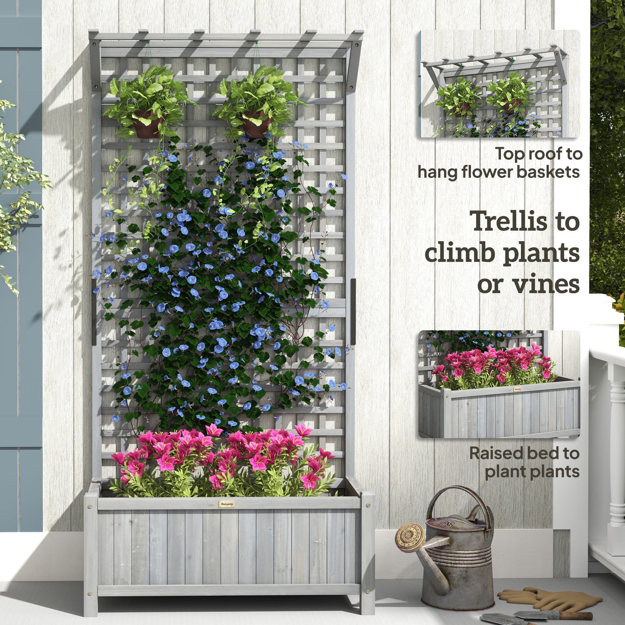 Outsunny Wooden Planter Box with Trellis for Vine Climbing, Raised Garden Bed, Privacy Screen for Backyard, Patio, Deck, Dark Grey 