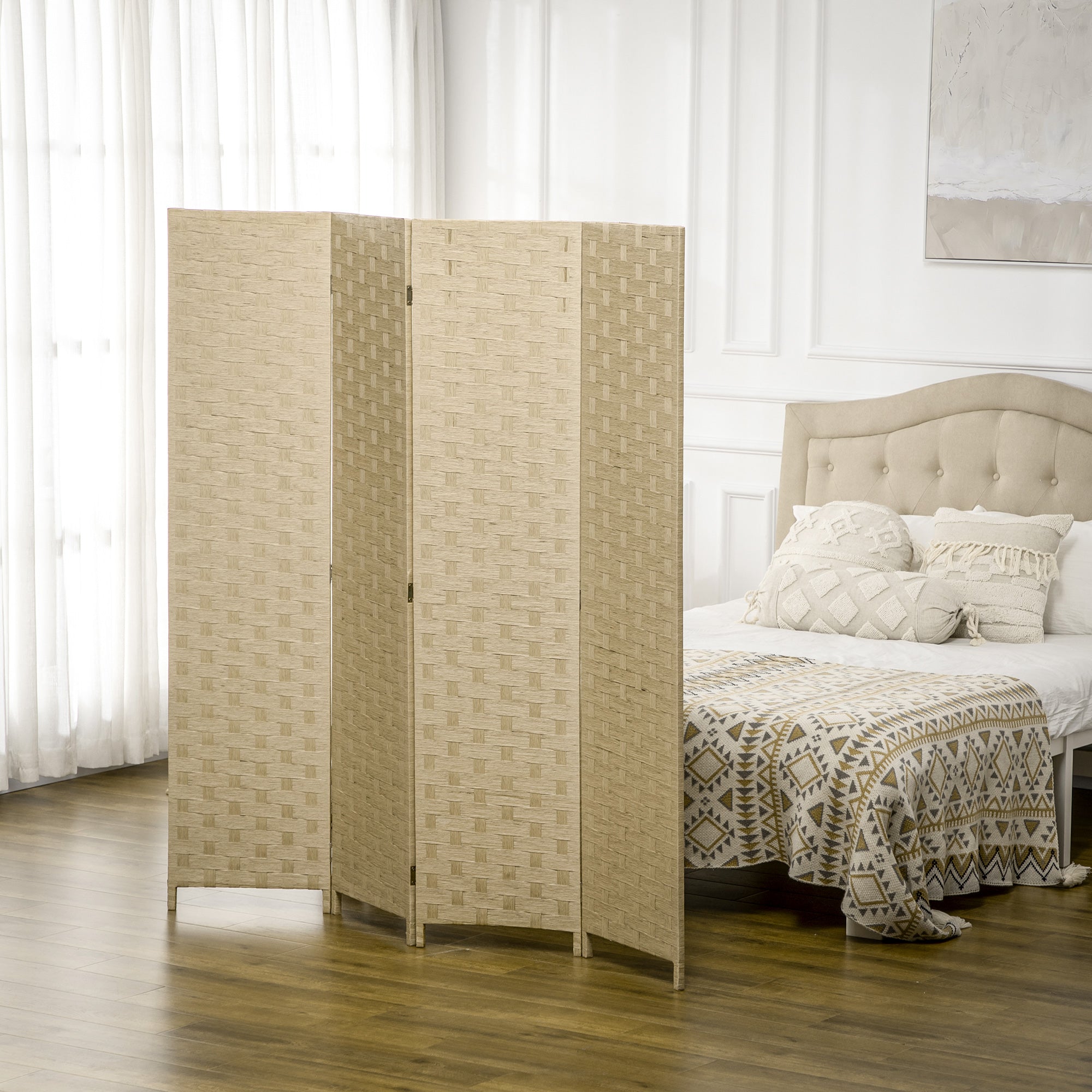 HOMCOM Wave of Seclusion: 5 Ft Tall 4 Panel Folding Room Divider, Wave Fiber Brown Privacy Screen for Indoor Use 