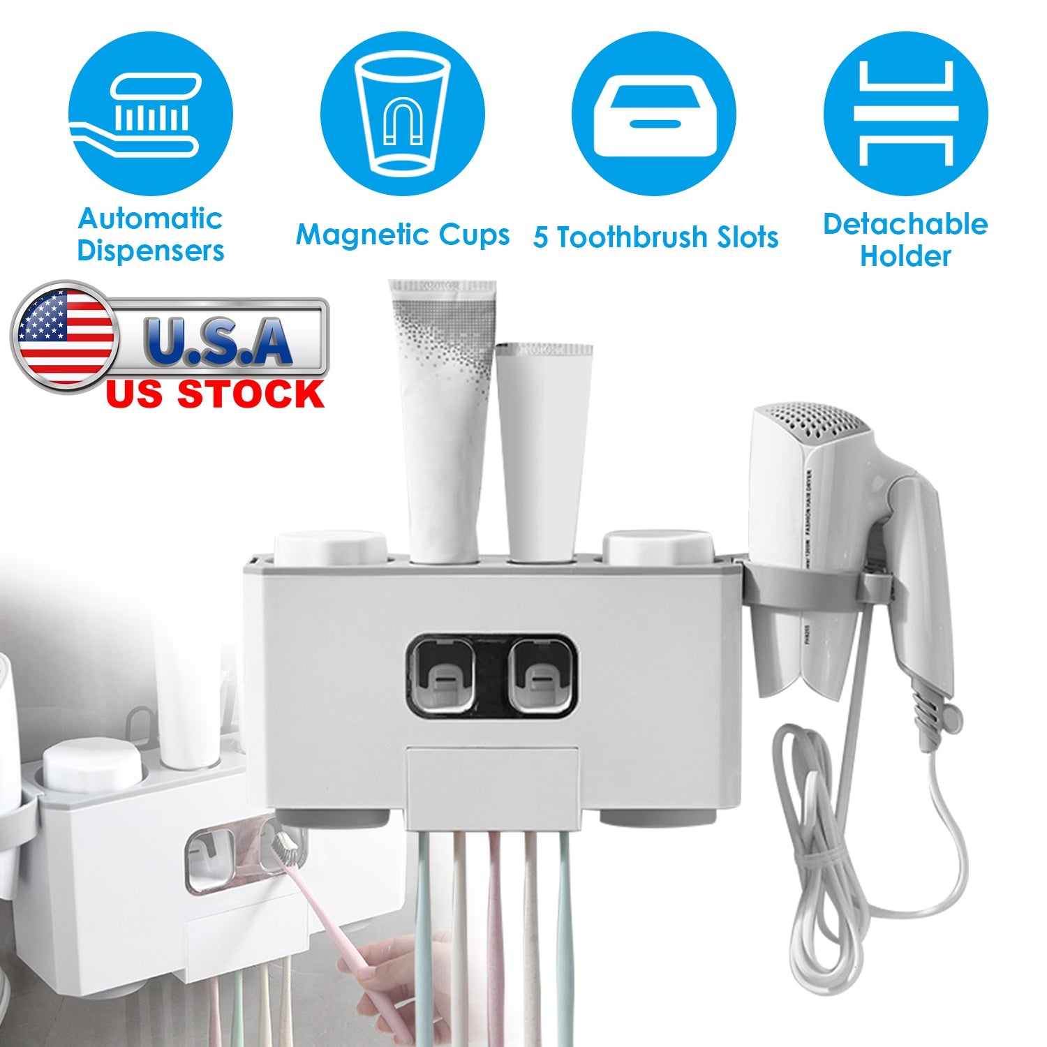 Multifunctional Wall Mount Toothbrush Holder Rack Organizer Automatic Toothpaste Dispenser Squeezer with Magnetic Cups 5 Toothbrush Slots Hair Dryer H