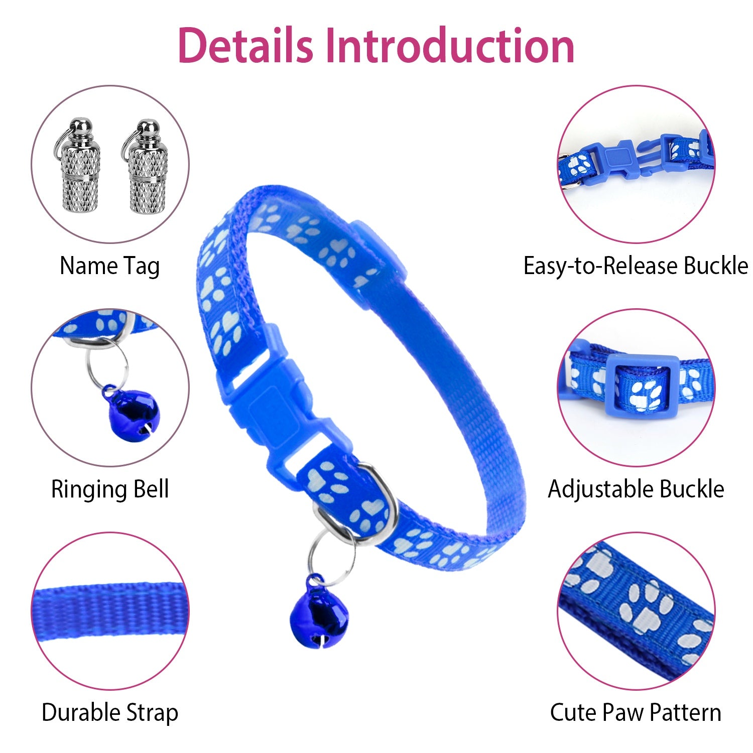 Cat Collar Adjustable Kitten Collar Pet Collar with Bell Name Tag Safety Buckle Collar