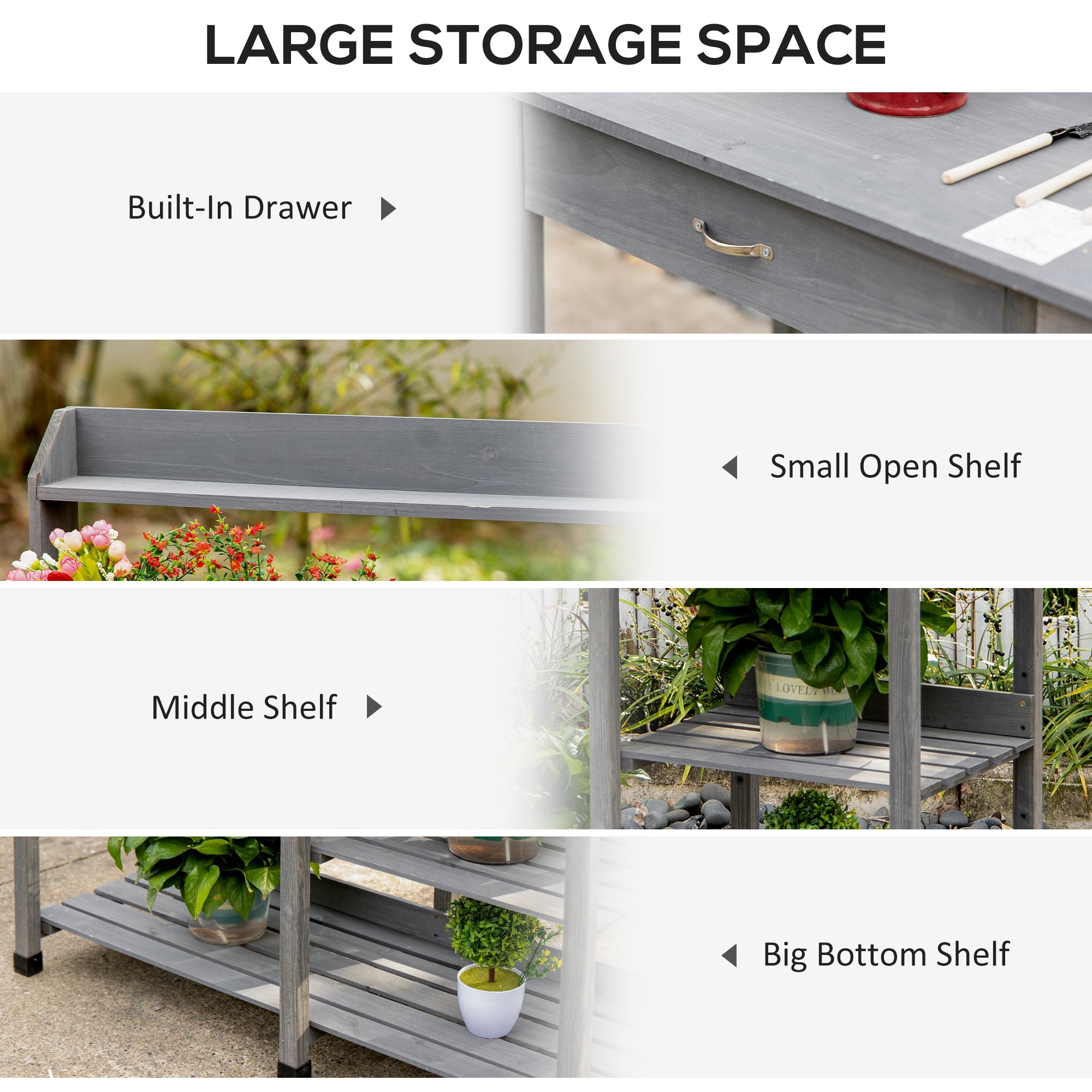 Outsunny Potting Bench Table Garden Work Bench Workstation with Drawer, Removable Sink, Storage Shelves and Hooks 