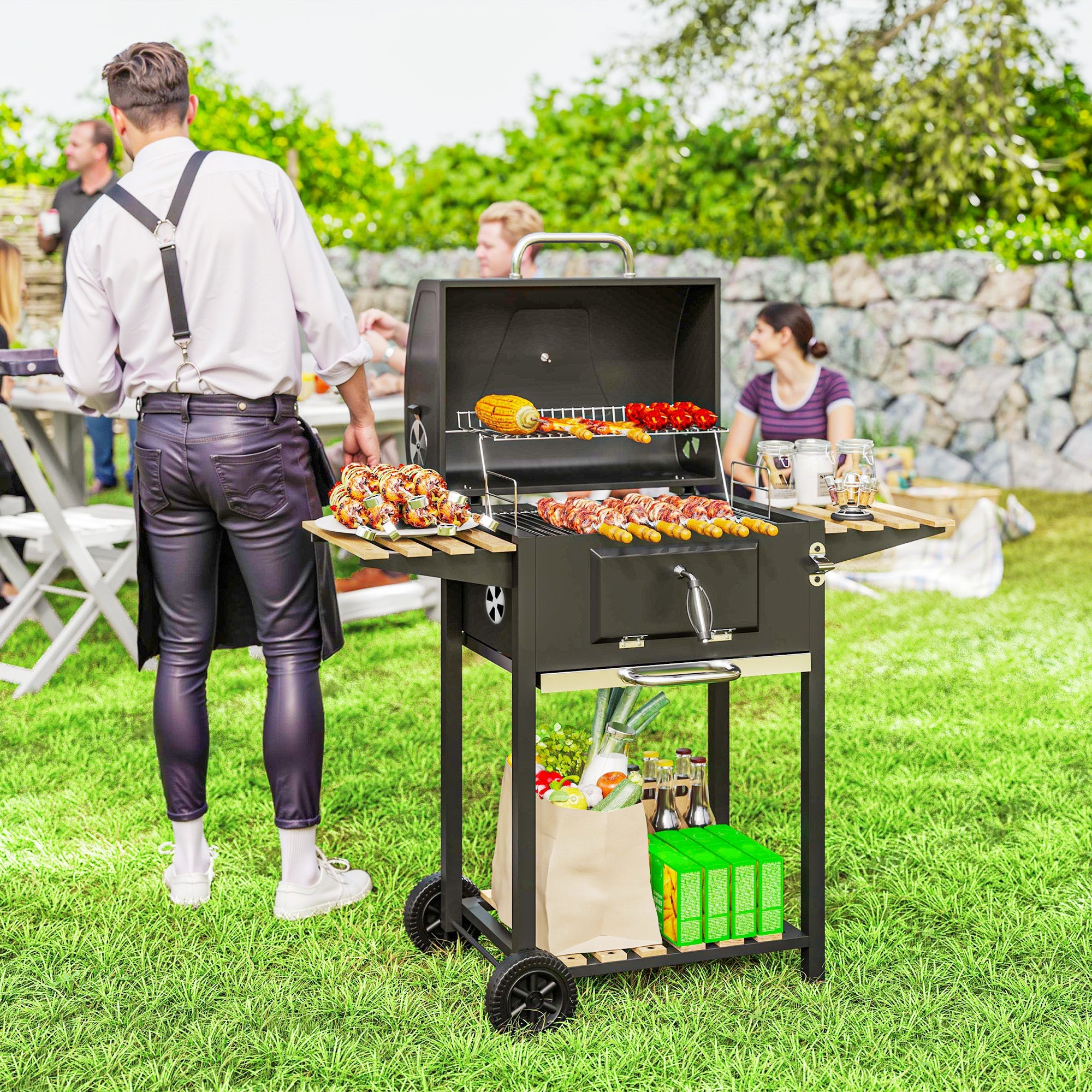 Outsunny 20" Charcoal BBQ Grill Barbecue on Wheels with Adjustable Charcoal Pan, Spacious Cooking Area, 3 Shelves, Thermometer 