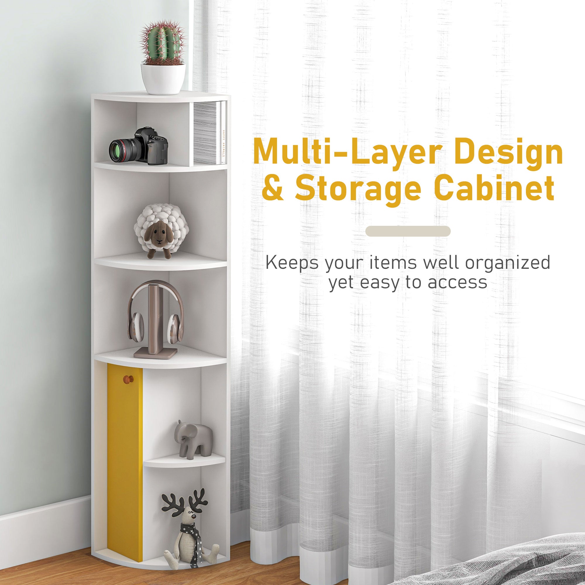 HOMCOM Corner Convenience: 5-Tier Bookshelf with Storage Cupboard Door Organizer for Home Office, White Finish 
