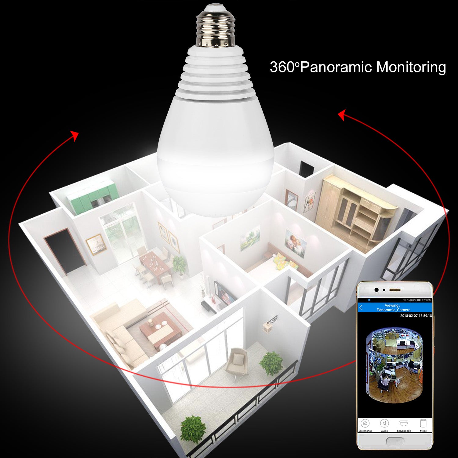 WiFi Light Bulb Camera 960P Security Camera 360° Fisheye Lens Panoramic Motion Detection IR Night Vision