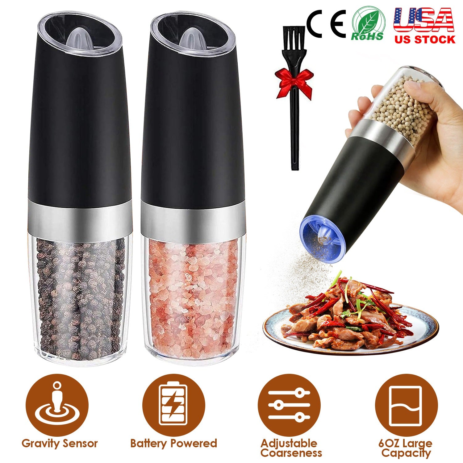 2Pcs Gravity Sensing Salt and Pepper Grinder Automatic Electric Salt Mill Grinder With Built-in LED Lights Adjustable Coarseness One Hand Operation Ba 