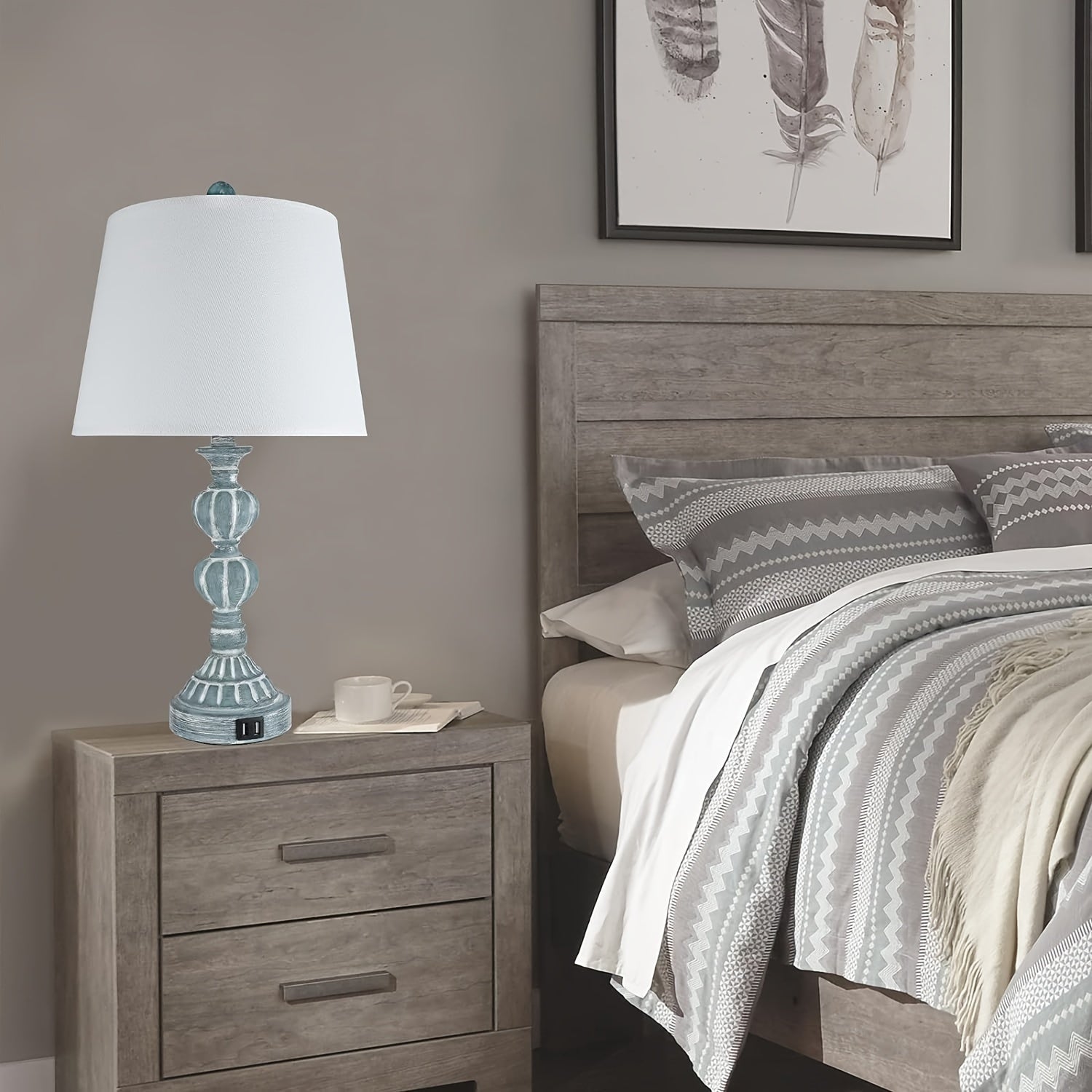 Coastal Farmhouse Table Lamp Set – 3-Way Dimmable Touch Control with Dual USB Ports, Blue Washed White Finish – Perfect for Nightstands or Living Rooms (Set of 2) 