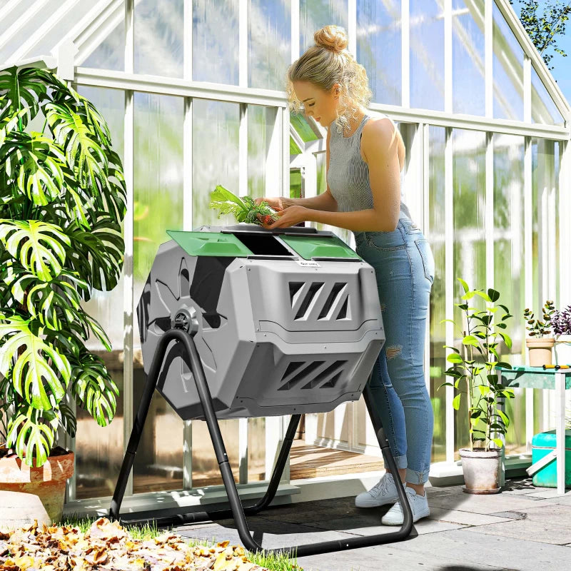 Tumbling Compost Bin Outdoor Dual Chamber 360° Rotating Composter 43 Gallon with Sliding Doors, Dark Green