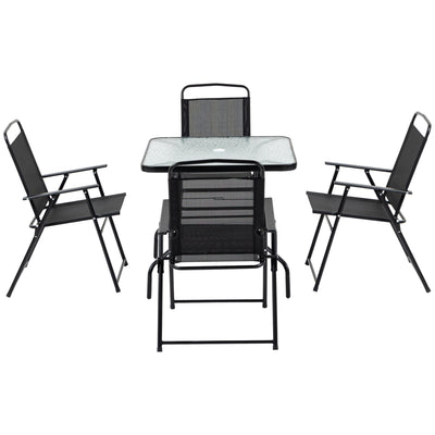 Outsunny 5 Pieces Patio Table and Chairs, Outdoor Dining Set with 4 Folding Chairs, Glass Tabletop and Parasol Hole, Black 