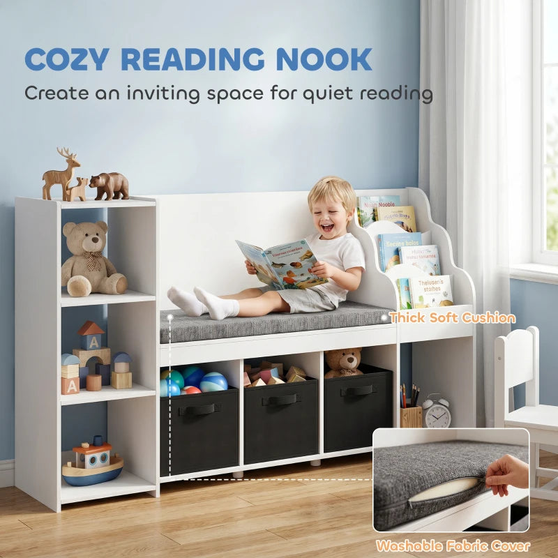 Qaba Kids Storage Shelf with Reading Nook, Toy Organizer with Cushion Seat, Bookshelf, 4 Cubbies & 3 Fabric Drawers for Playroom and Nursery