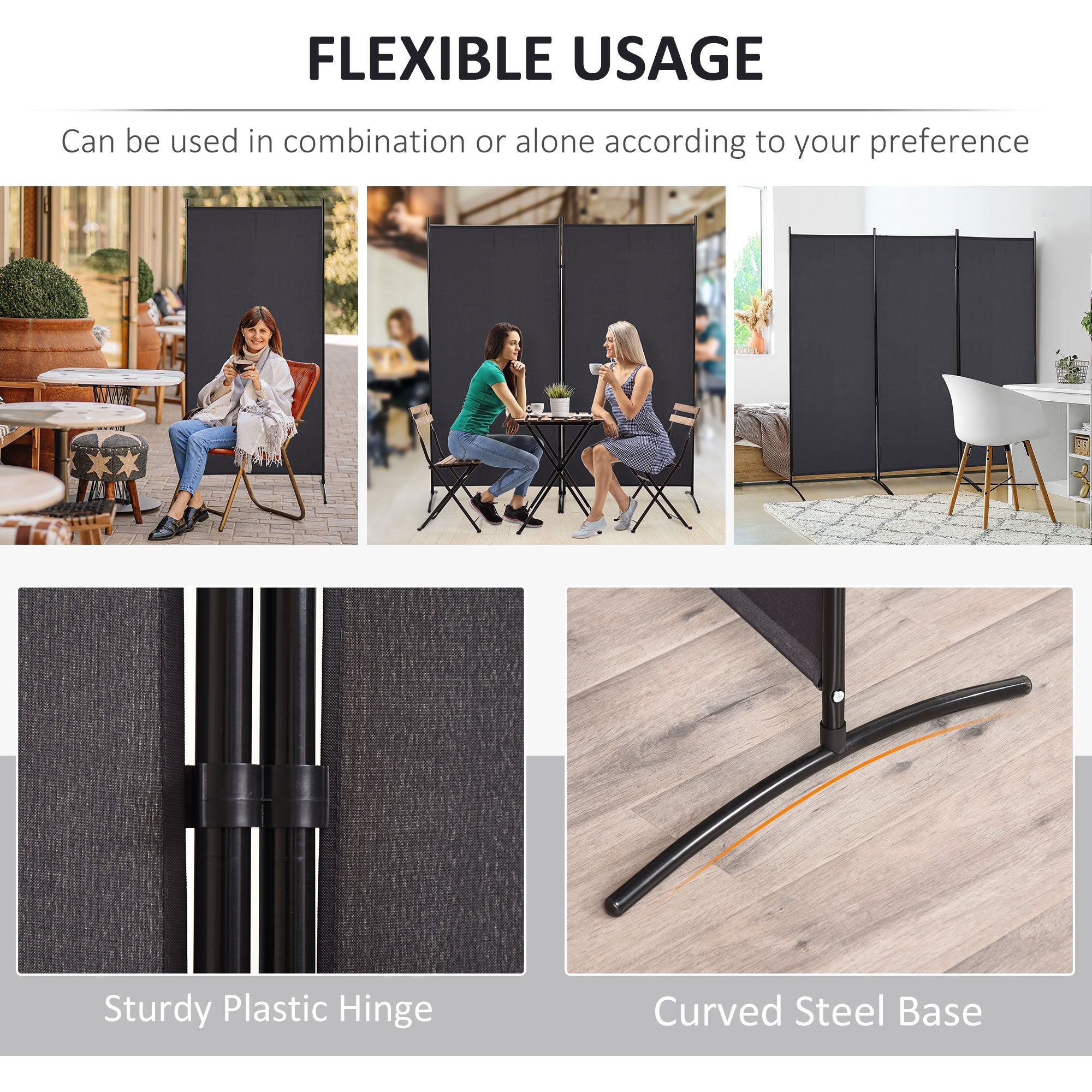 HOMCOM Charcoal Chic: 6' 3-Panel Double Hinged Folding Wall Privacy Screen for Indoor Home Office, Charcoal Grey Finish 