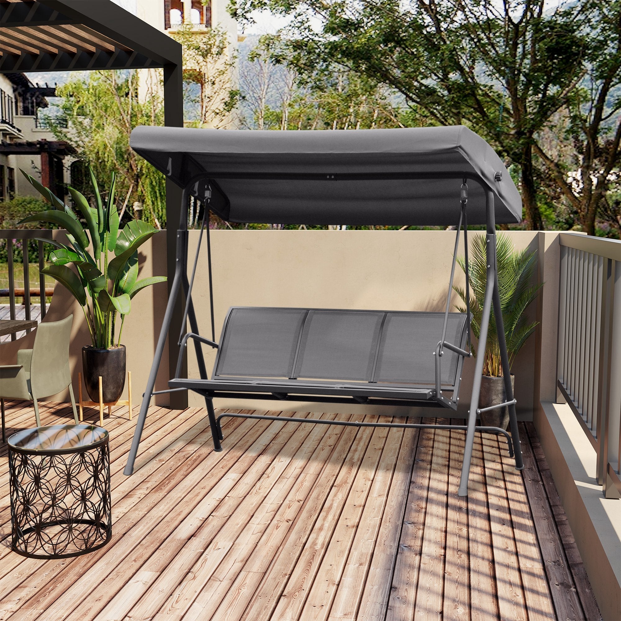 Outsunny 3-Seater Porch Swing Chair Garden Hammock A-Frame Outdoor Sling Seat with Adjustable Canopy Cover 