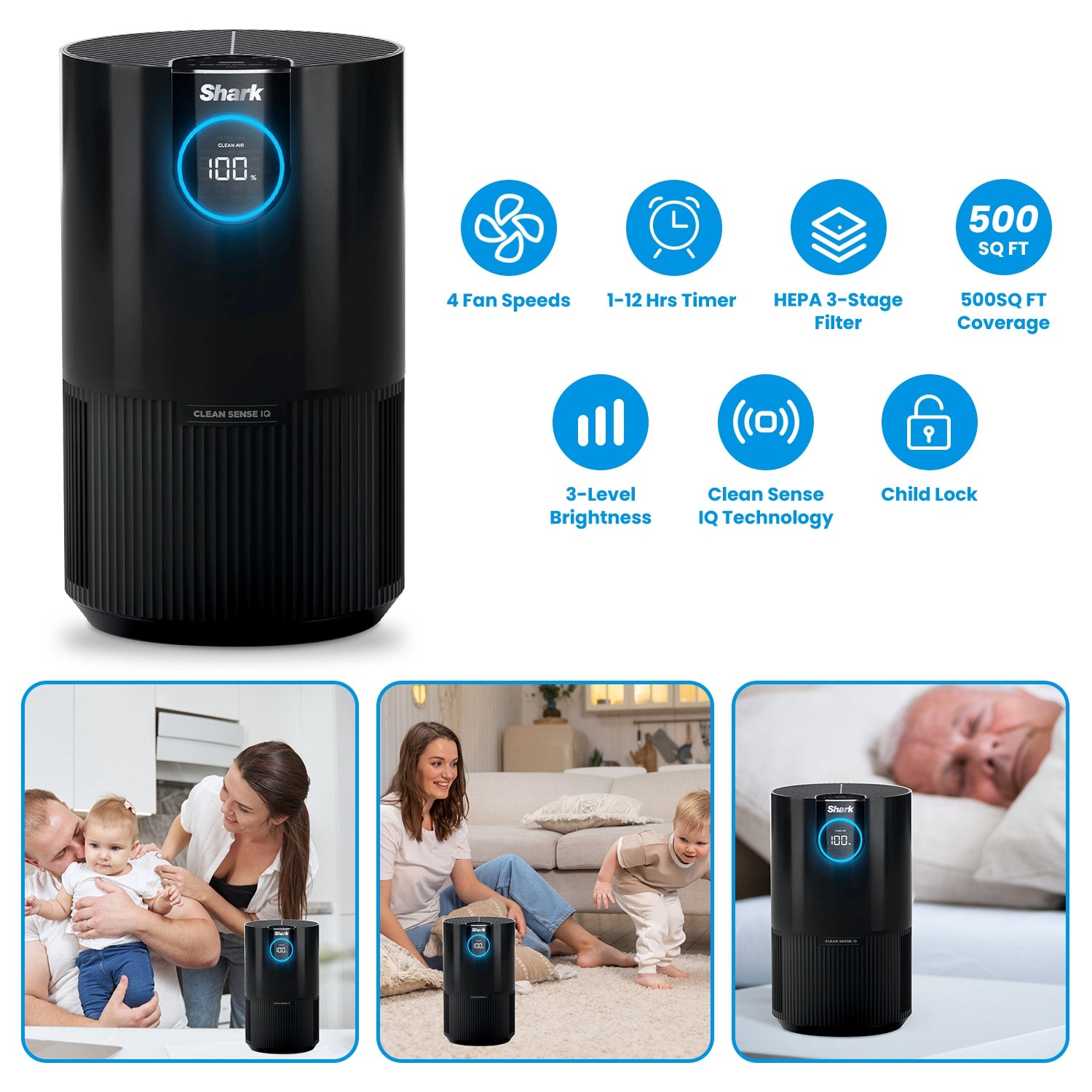 Shark HP100 Air Purifier with True HEPA Air Filter Covers Up To 500sq ft with 4 Fan Speeds Auto Modes Removes Smoke Dust Allergens Pollutants