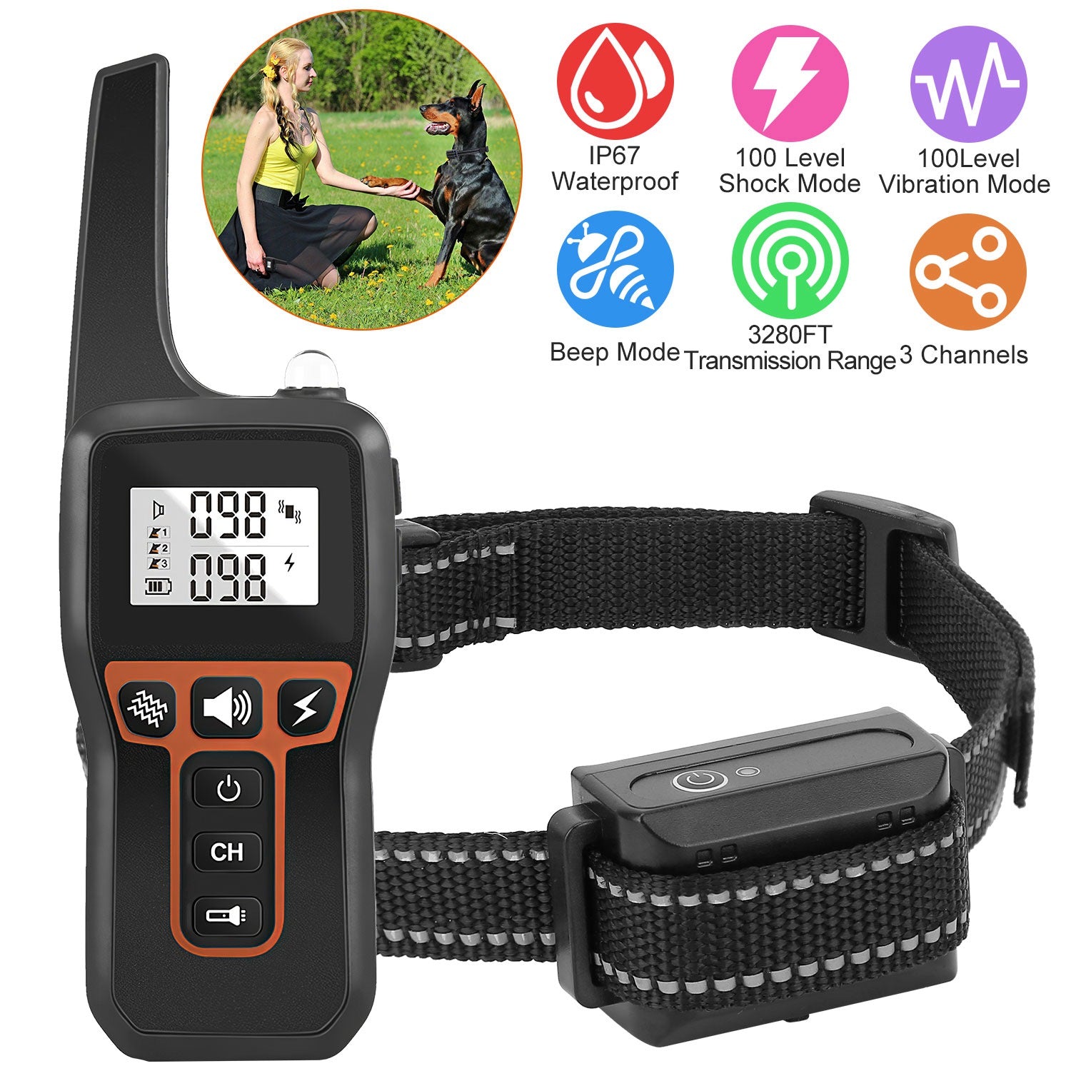 3280FT Dog Training Collar IP67 Waterproof Pet Beep Vibration Electric Shock Collar 3 Channels Rechargeable Transmitter Receiver Trainer with Flashlig