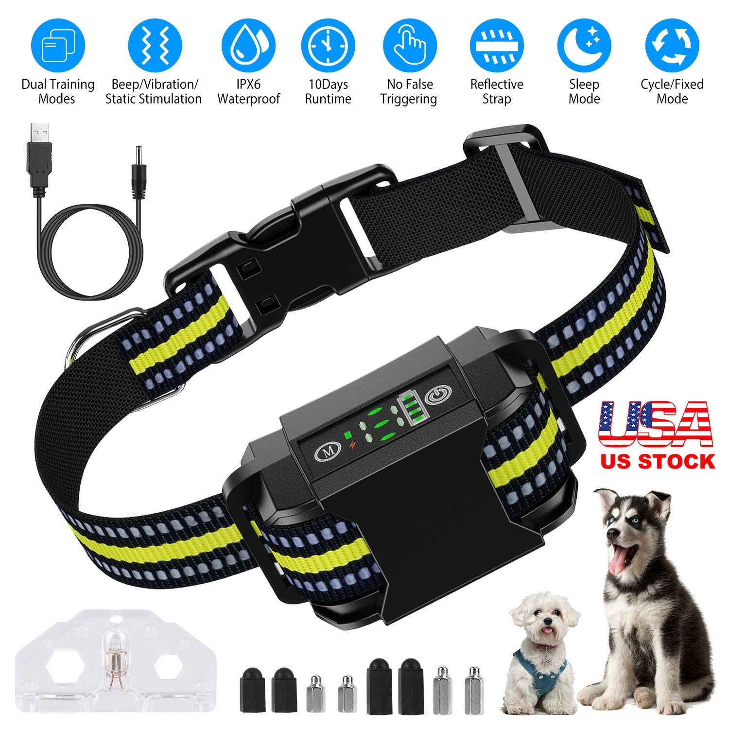 Dog Bark Collar Rechargeable Waterproof Beep Vibration Static Stimulation Bark Stopper Automatic Identification Collar with 6 Intensity Dual Modes