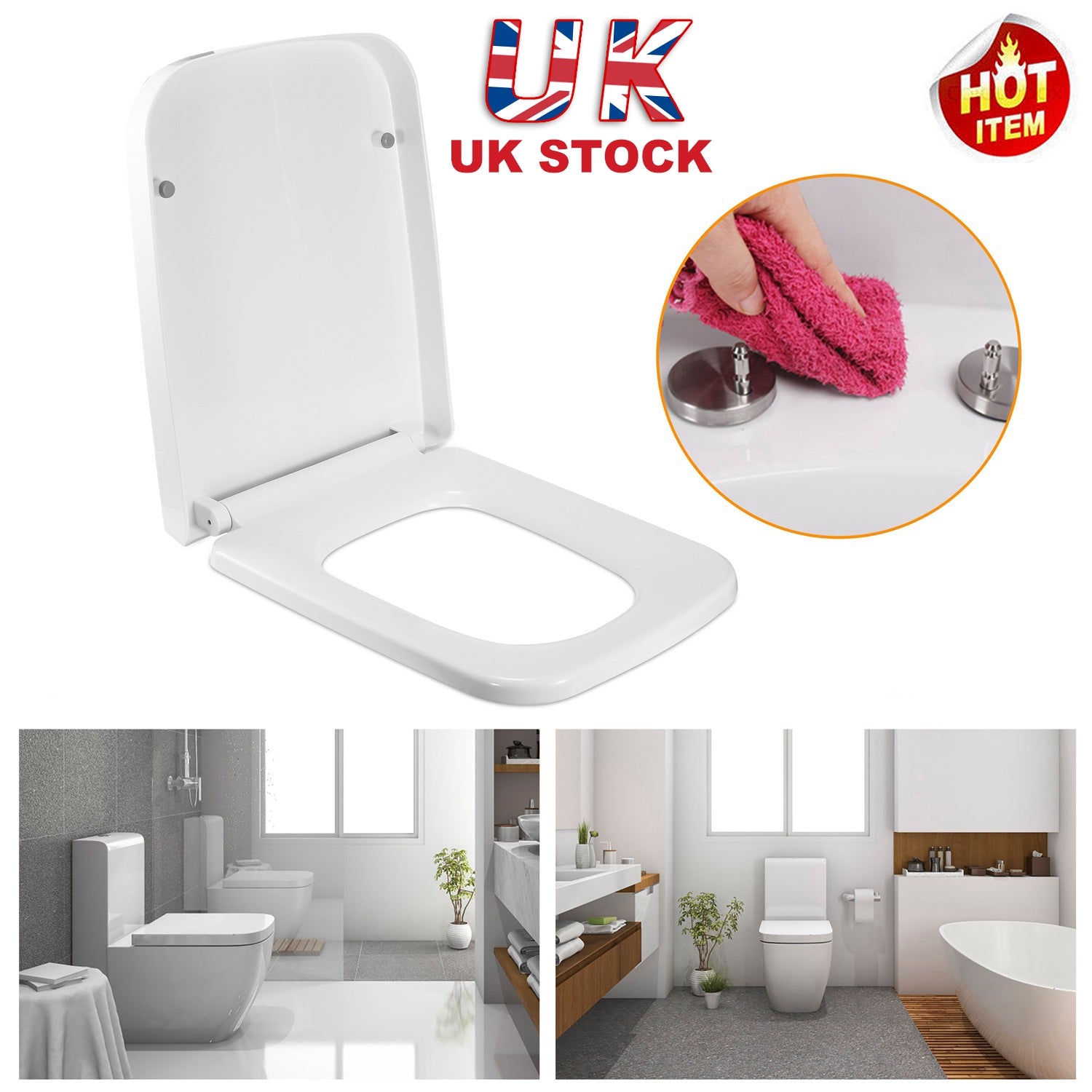 Square Toilet Seat with Grip-Tight Seat Bumpers Heavy-Duty Quiet-Close Quick-Release Easy Cleaning White UK