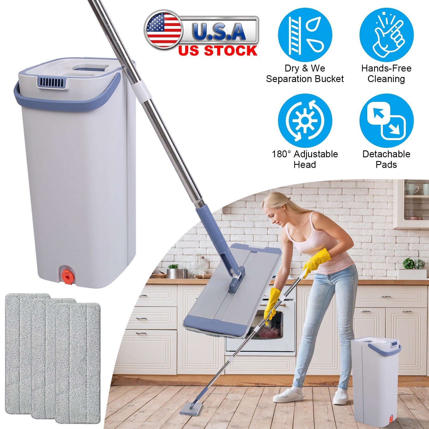 Mop Bucket with Wringer Set Flat Floor Mop Clean and Dry Separate Bucket 3 Replaceable Pads Hands Free Home Floor Cleaning Mop Reusable Washable Mop P