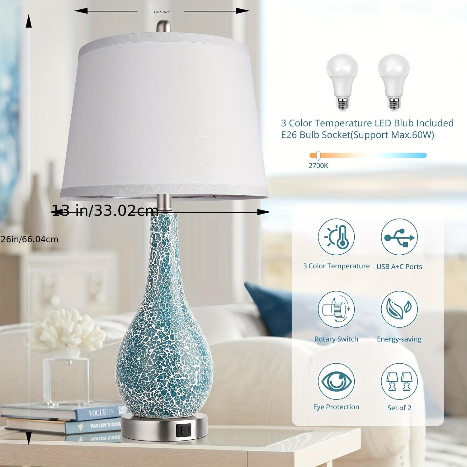 Blue Table Lamps For Bedroom Set Of 2,  With USB A+C Ports, 26" Coastal Large Nightstand Lamp - LED Bulb Included 