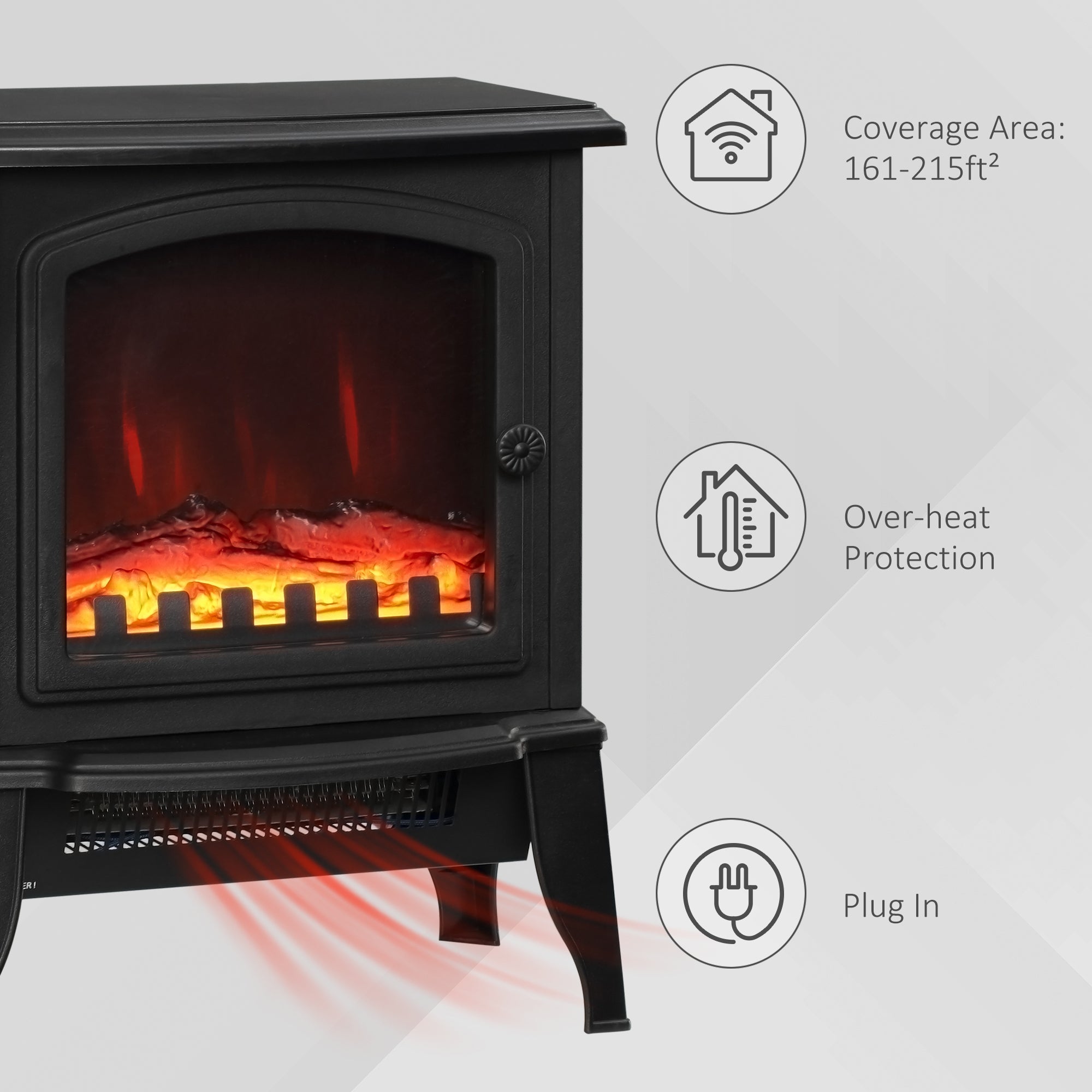 HOMCOM Electric Fireplace Heater, Freestanding Fireplace Stove with Realistic Flame Effect, 750 with 1500W, Black 