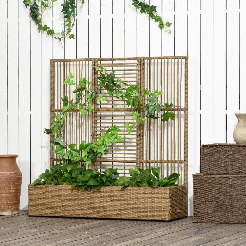 Raised Garden Bed with Lattice Trellis, Rattan Outdoor Planter with Storage for Garden, Patio, Balcony, Sand Brown
