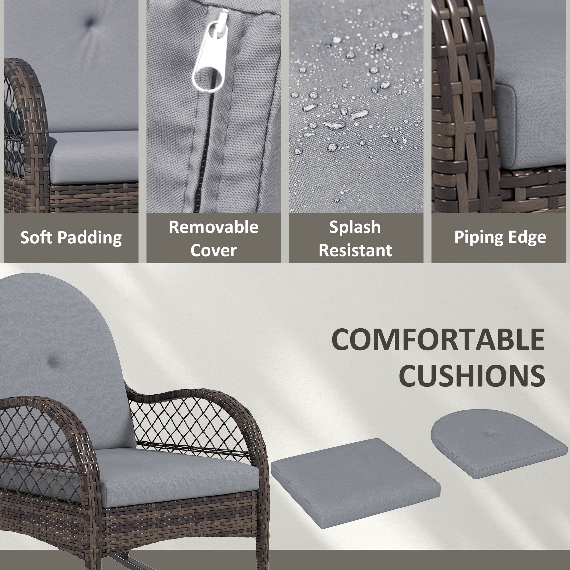 Outsunny 2 Pieces Wicker Rocking Patio Chairs, Indoor Outdoor Rocking Chair Set with Cushions and Armrests for Porch, Grey 