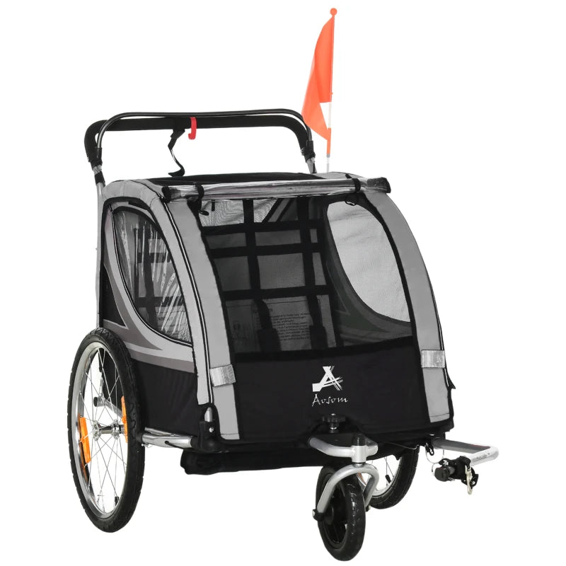 Aosom 2 Seat Bike Trailer for Kids 2-in-1 Baby Stroller with Handbrake, Rubber Wheels, 5 Point Harness, Reflectors, Grey