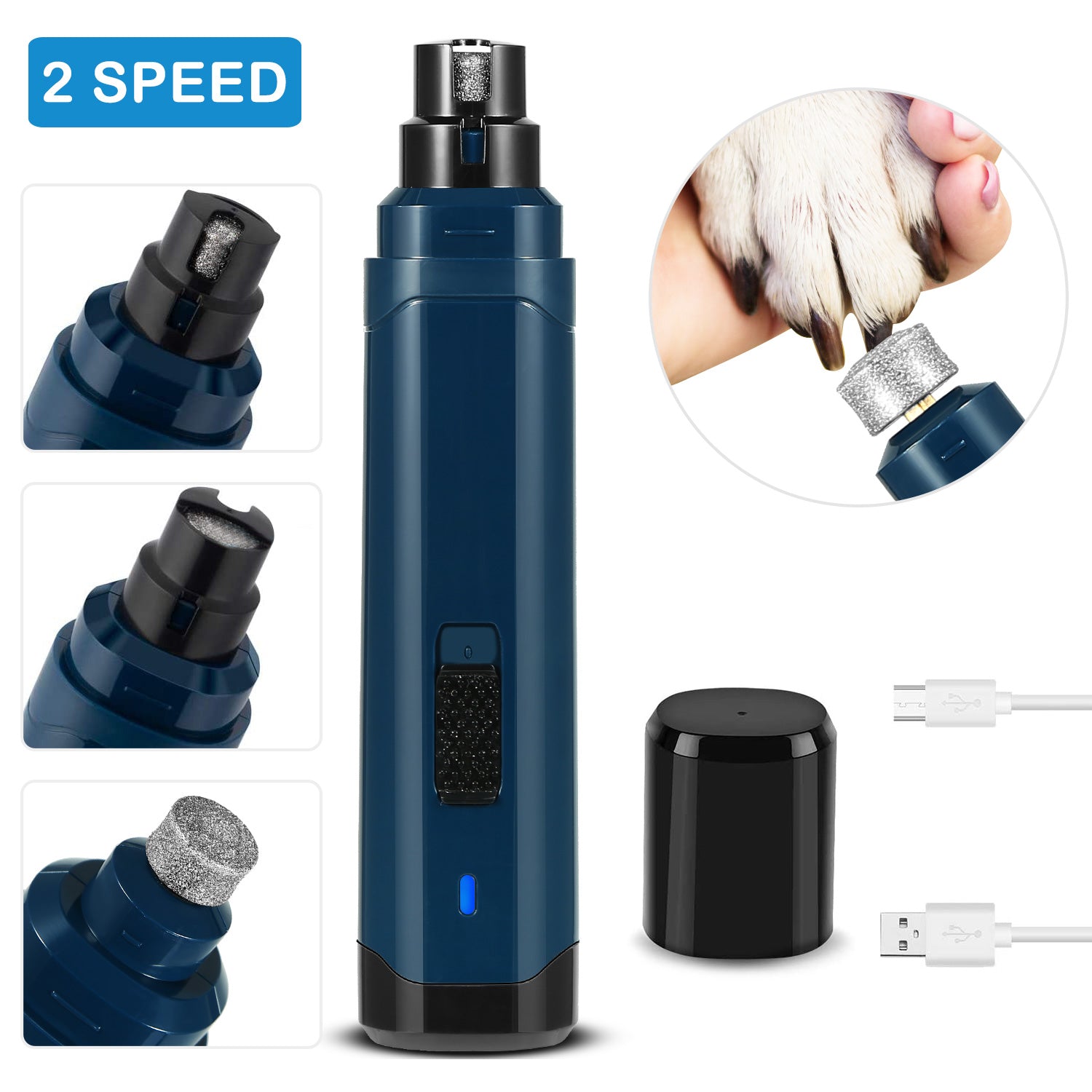 Dog Nail Grinder 2 Speeds Quiet USB Rechargeable Pet Nail Grinder Professional Pet Nail Trimmer Cordless Paws Grooming & Smoothing Claw Care for Small