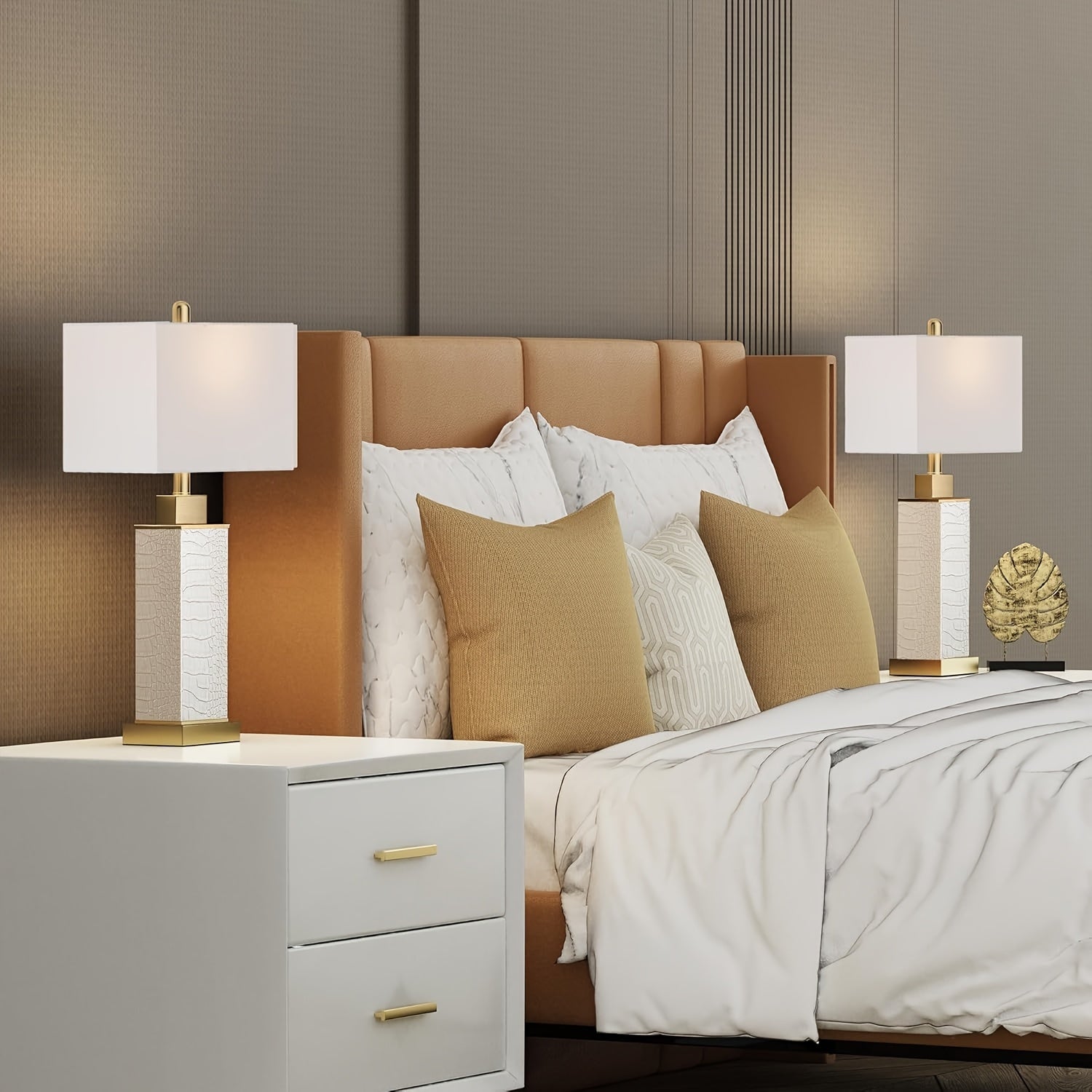 Modern White Faux Leather Table Lamps (Set of 2) – 3-Way Dimmable Touch Control with USB-C & A Charging Ports, Rectangle Shade – Ideal for Bedroom or Living Room 