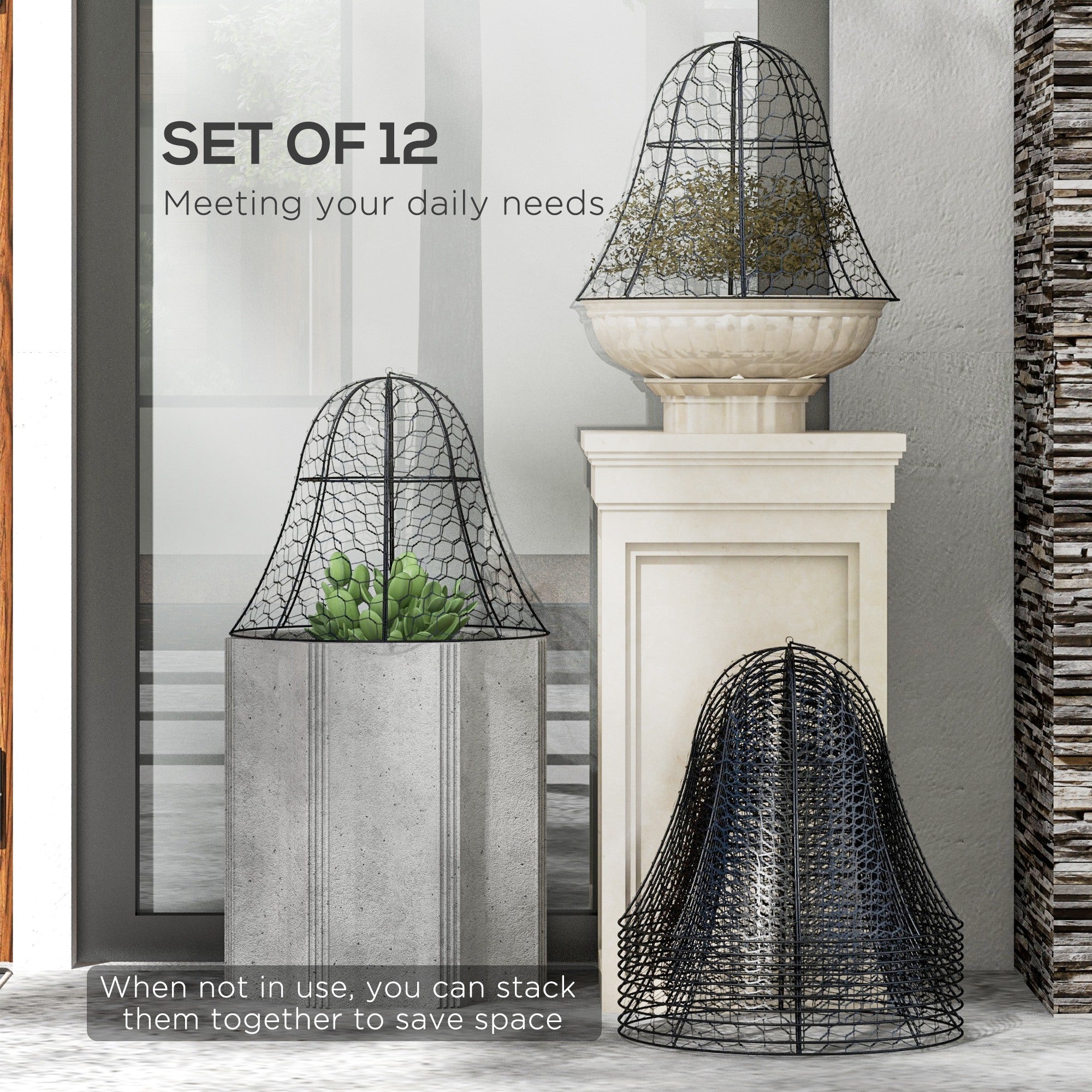 Outsunny 12 Pack Metal Garden Cloches 16"x13" Plant Cages Black Crop Protection to Keep Animals Out 