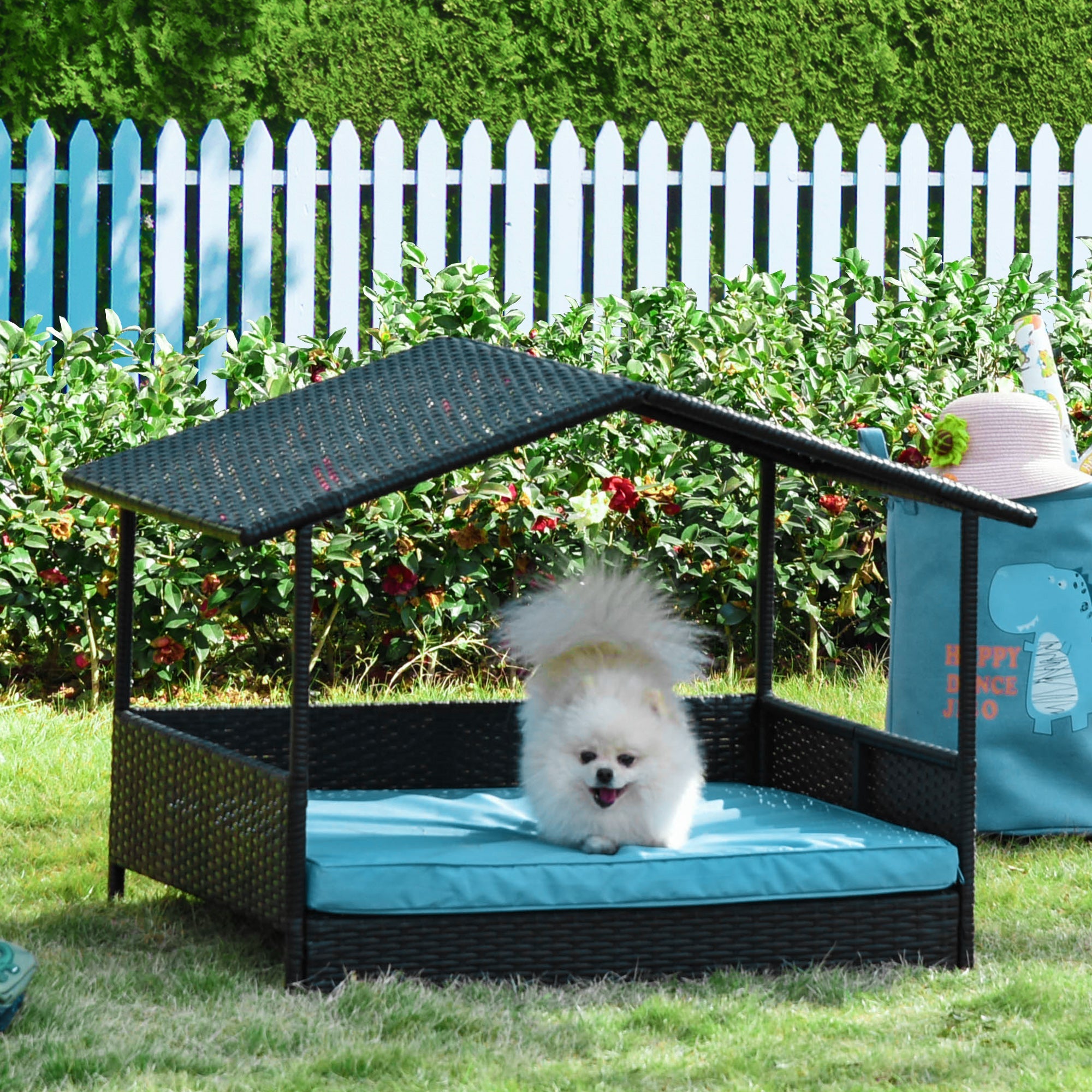 Outsunny PawHut Wicker Dog House Raised Rattan Pet Bed Indoor Outdoor Sofa with Cushion Medium Blue 