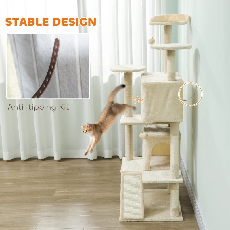 63" Cat Tree, Multi-Level Cat Tower with Scratching Posts, Cat Condos, Bed, Platforms, Ramp, Toy Ball, Cream White