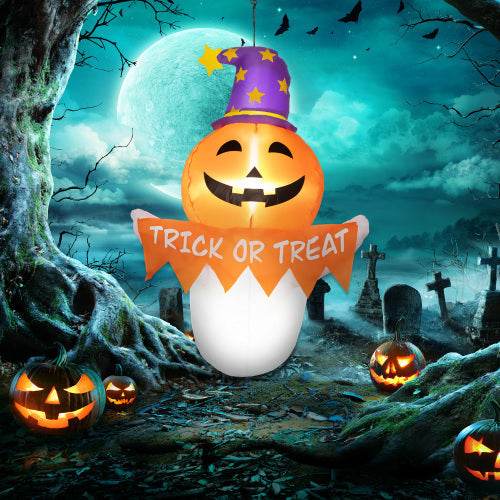 Outsunny 3.4ft Halloween Inflatables Window Sticker Ghost With Orange Face, Blow Up Halloween Decorations Outdoor LED Yard Display, Waterproof 