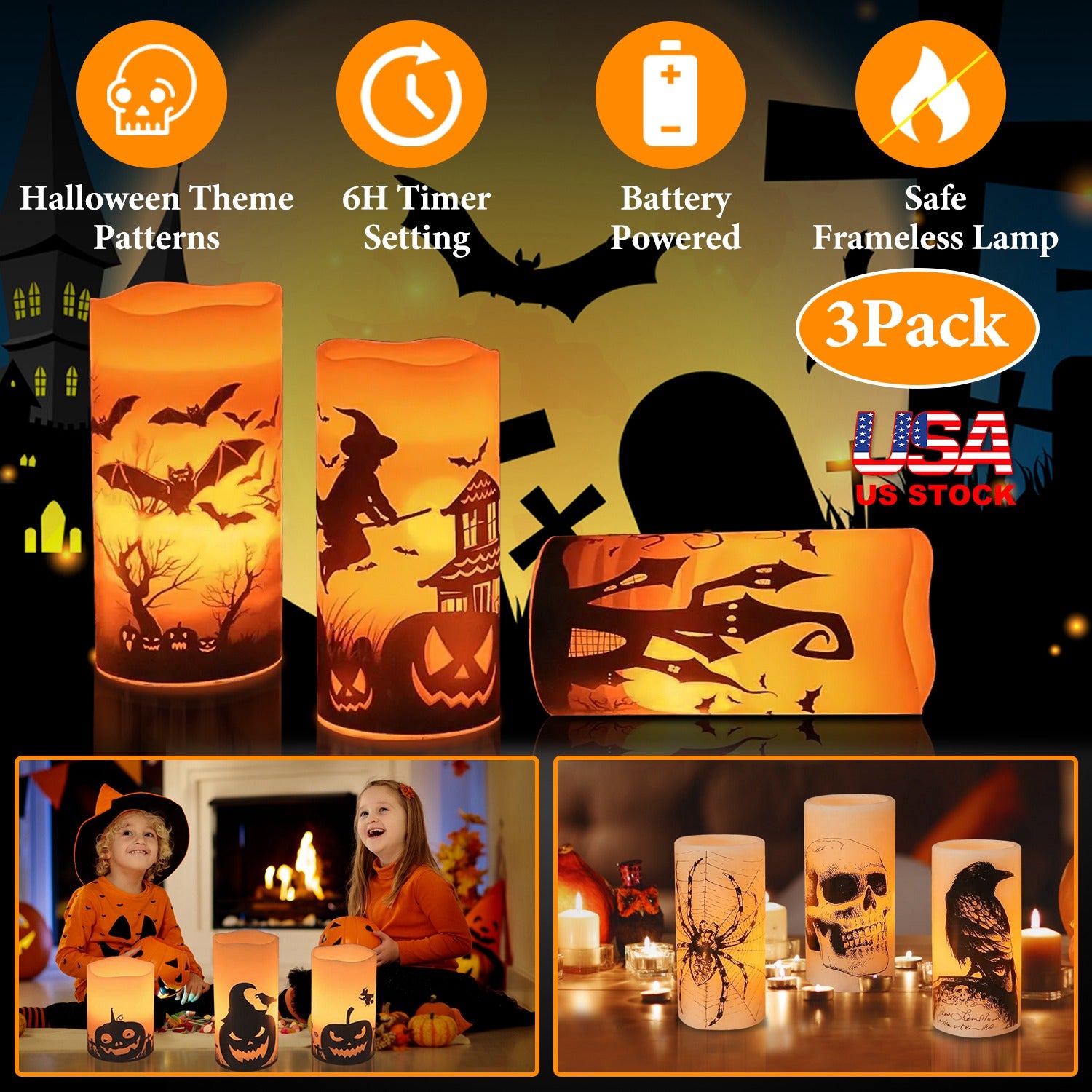 3 Pack Halloween Flameless Candle Lamp with Timer Setting Battery Operated Warm Orange Light Candles for Halloween Party Decoration Witch Bat Castle