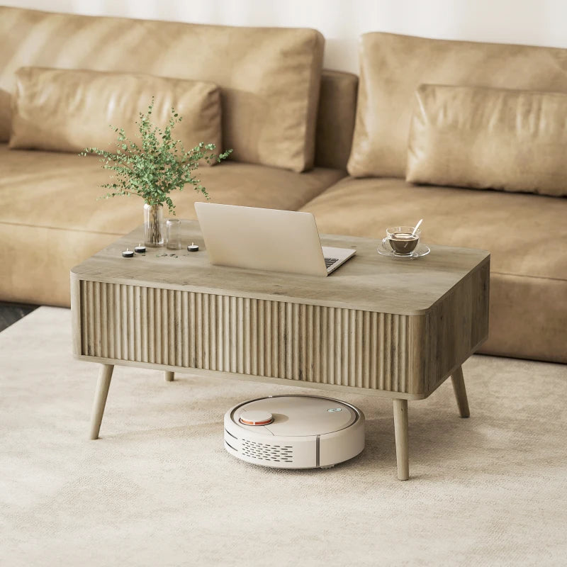 Lift Top Coffee Table with Storage, Center Table with Hidden Compartments and Pine Wood Legs for Living Room, Oak