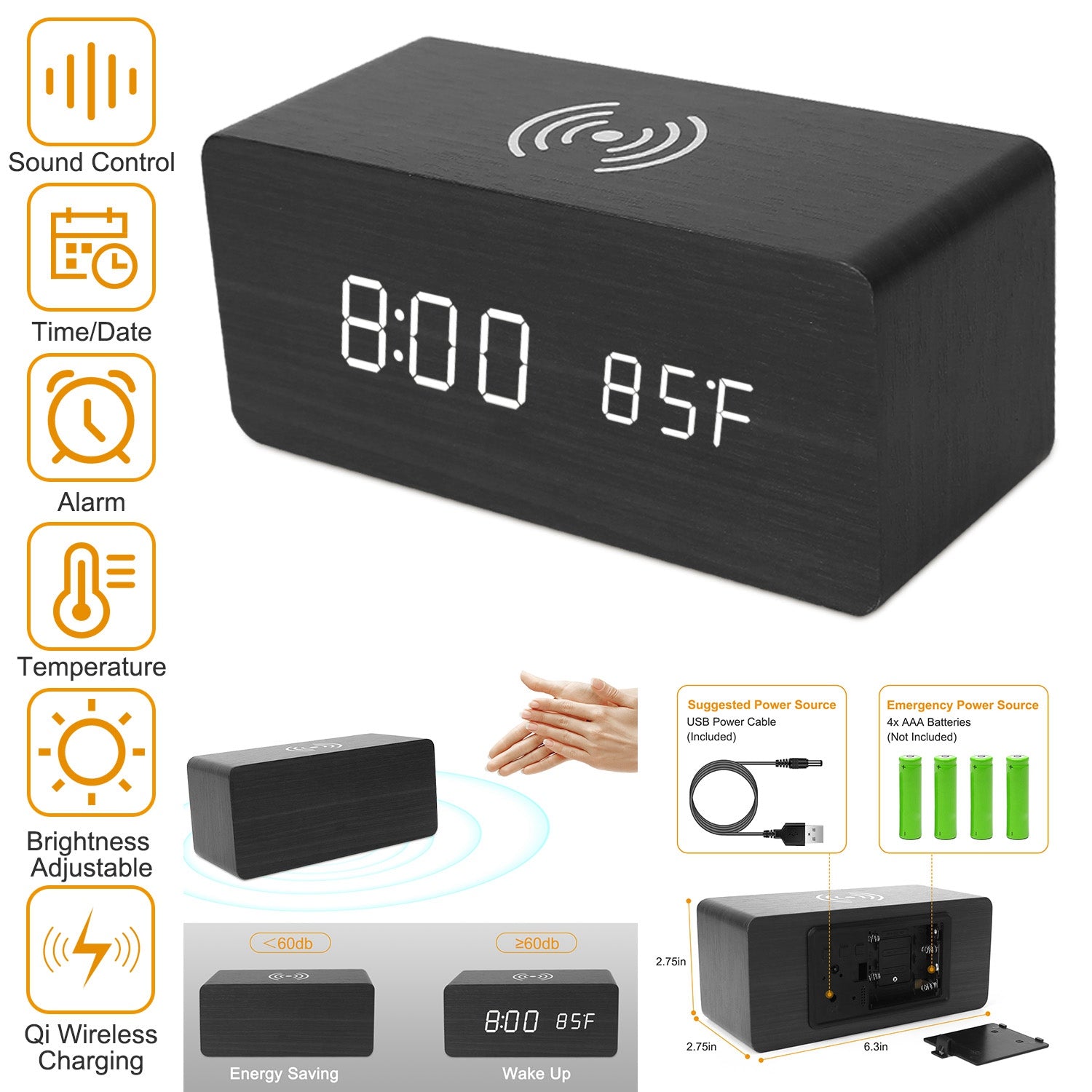 Digital Alarm Clock Qi-Wireless Charger Time Temperature Calendar Display Clock w/ Voice Control Brightness Adjustment (Black)