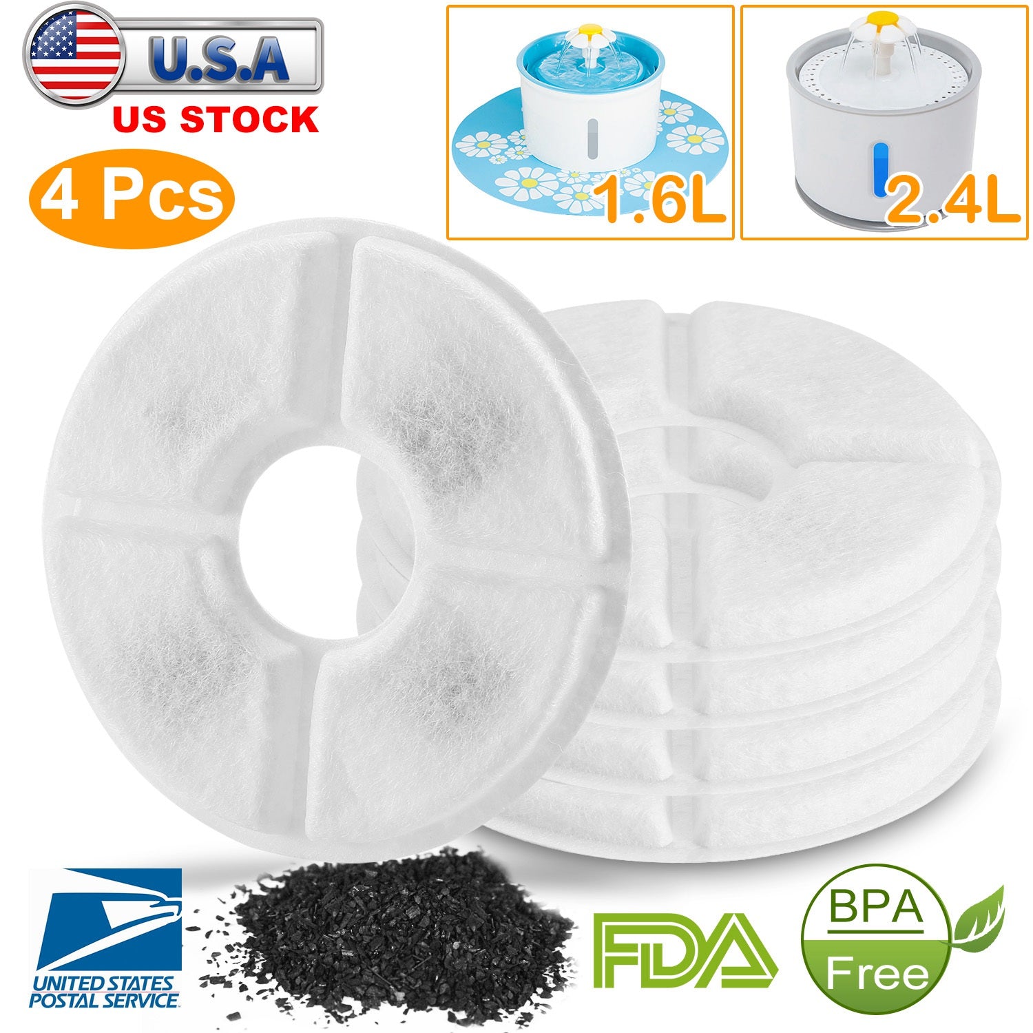 4Pcs Pet Cat Water Fountain Replacement Filters Active Carbon Filter for 1.6L/2.4L Pet Fountain Dispenser Waterer 