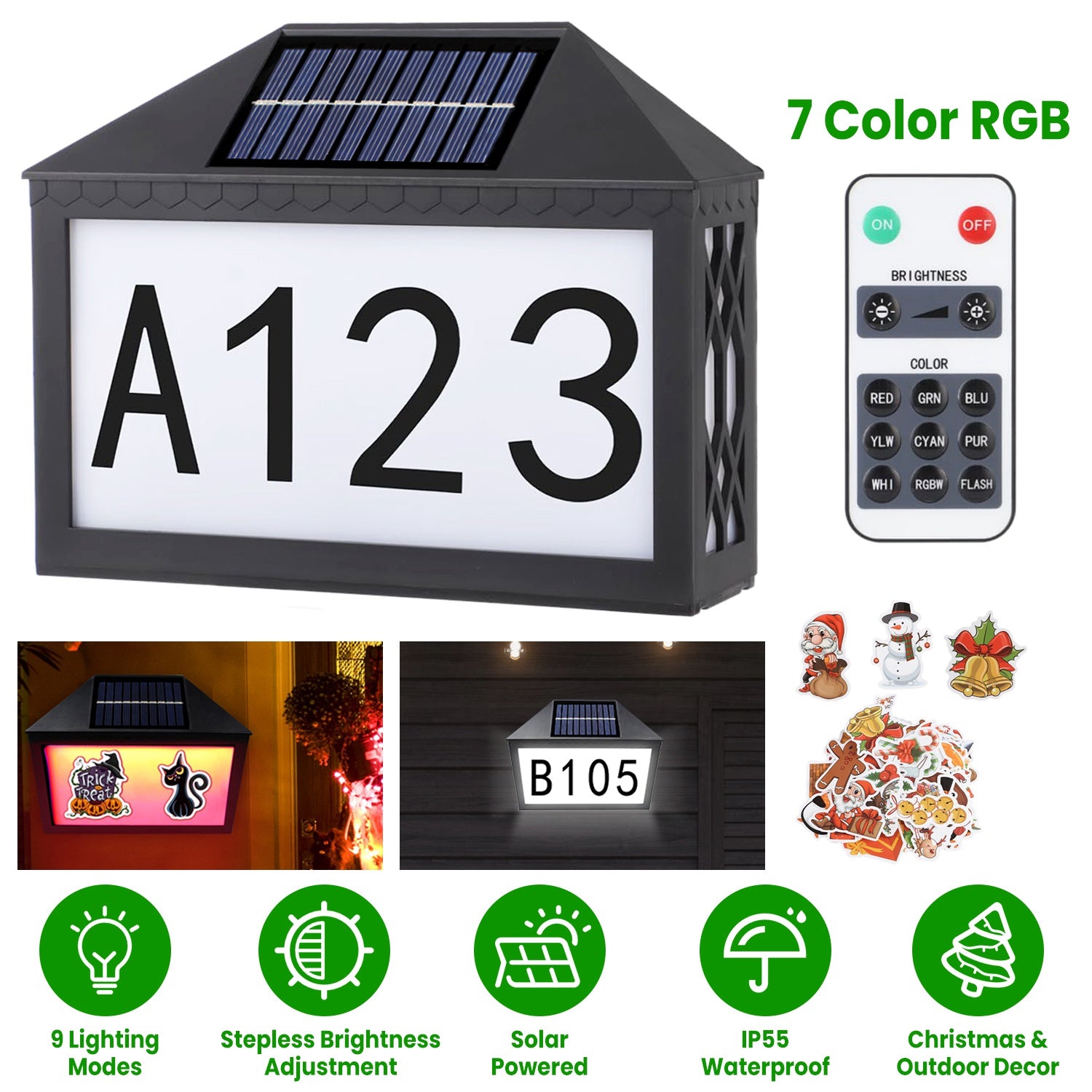 Christmas Solar Address Sign IP55 Waterproof Colorful House Numbers Plaque Wall Mounted LED Address Sign with 9 Lighting Modes Remote Control for Yard