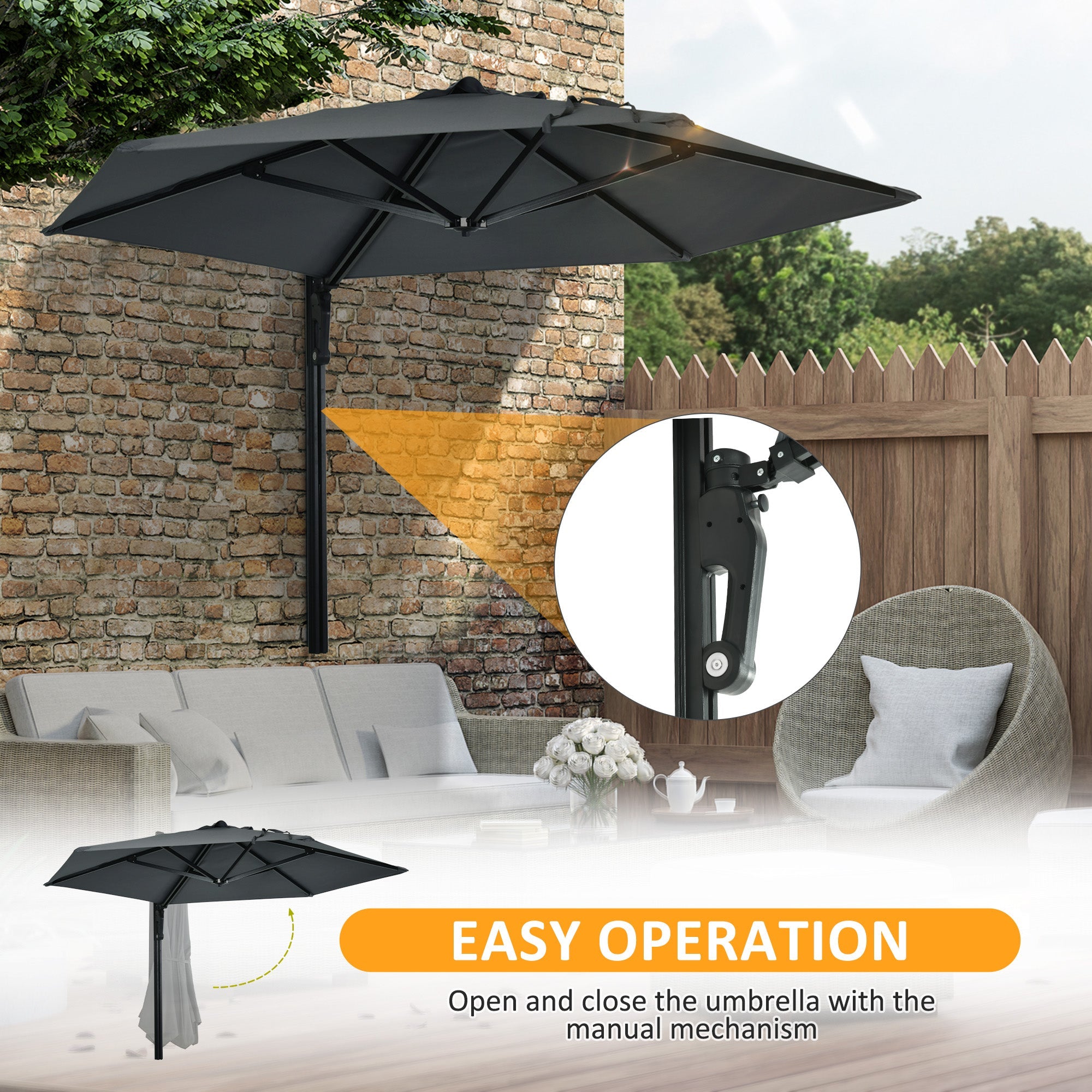 Outsunny 8FT Wall Mounted Umbrella: 180° Rotatable Canopy Outdoor Patio Sun Shade Dark Grey 