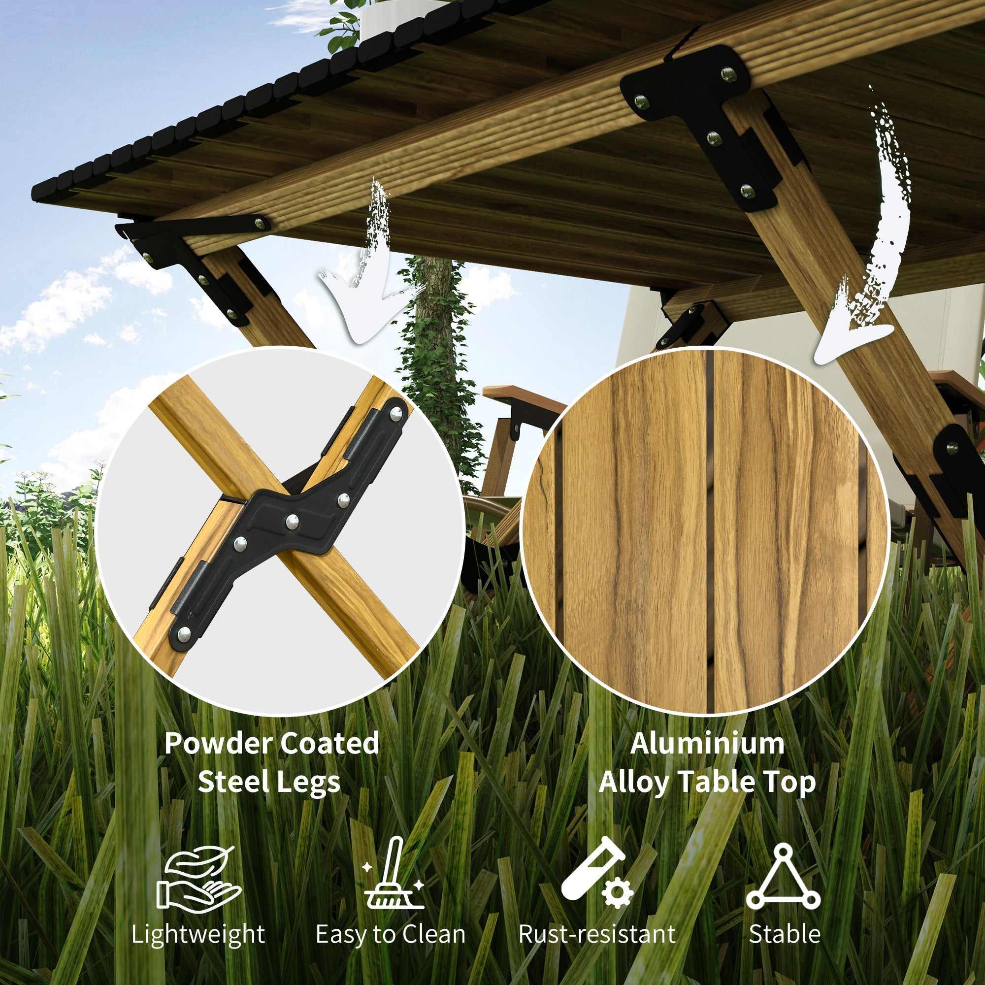 Outsunny Portable Aluminum Picnic Table: Folding, with Roll-Up Top for Party, BBQ, Beach, Easy Carry Design - Natural Finish 