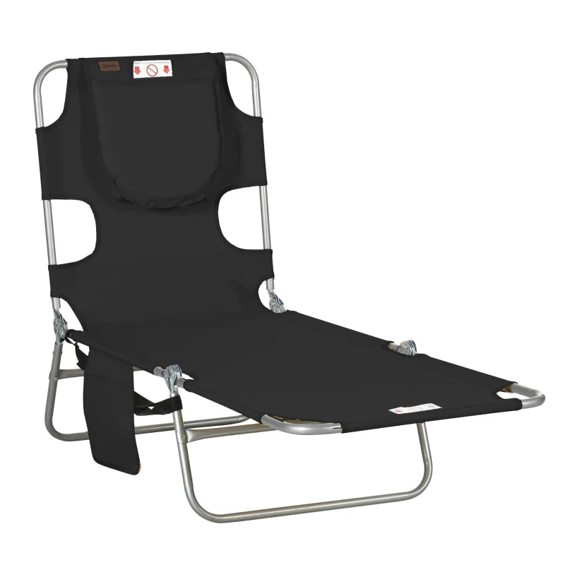 Folding Outdoor Lounge Chair, 5-Level Tanning Chair with Face Hole, Side Pocket, Carry Strap for Beach Pool, Black