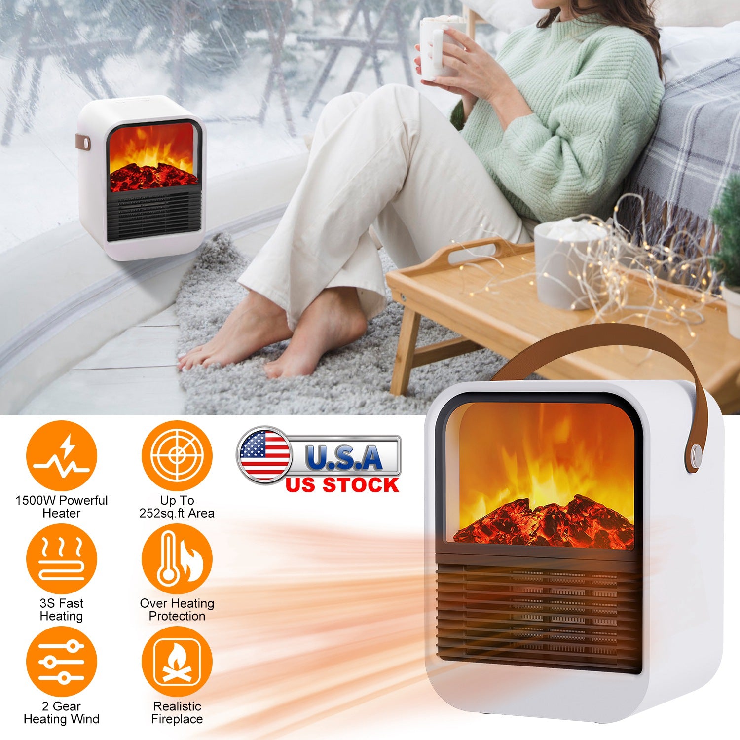 1500W Portable Electric Fireplace Heater 2 Gear Temperature PTC Ceramic Space Heater with Realistic Burning Flame Overheating Tip Over Protection 3S H