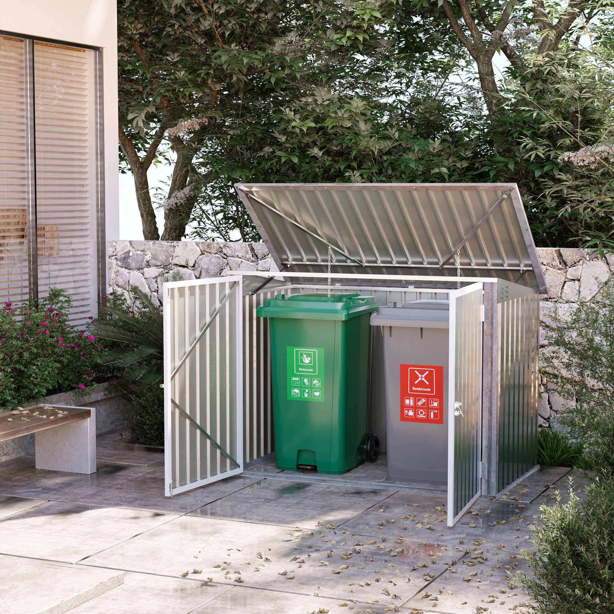 Outsunny Garbage Shed, Steel Outdoor Trash Can Cabinet with Lockable Double Doors & Ventilation for 2 Trash Bins, Green 