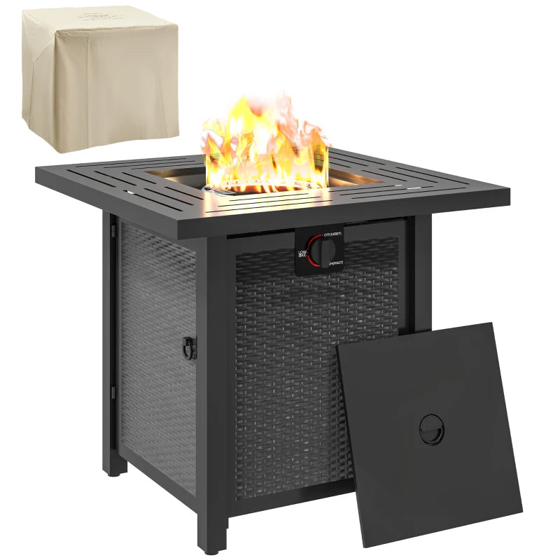 Square Gas Fire Pit Table, Smokeless Firepit with Cover, Black